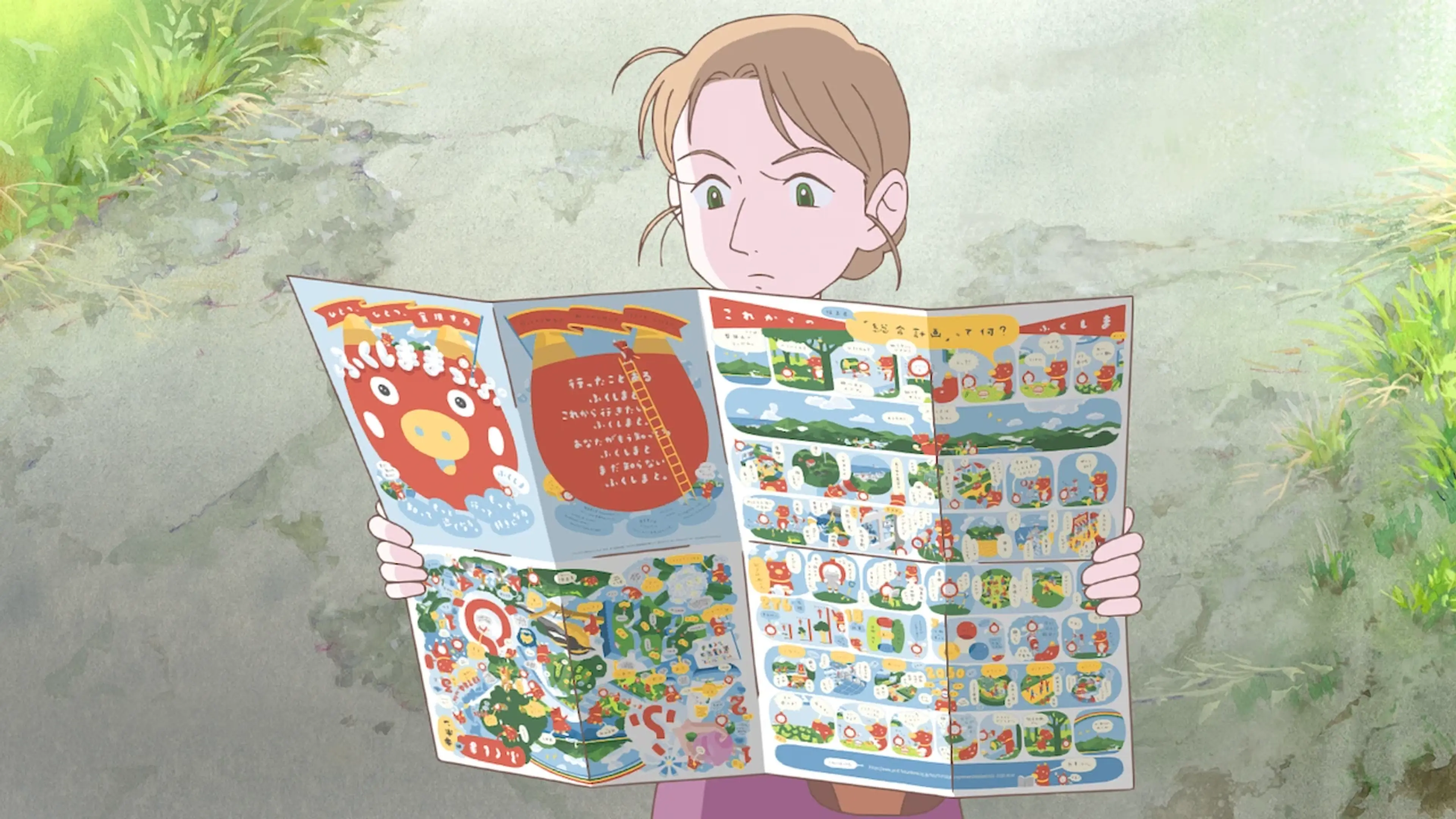 Sophie pauses to read the Fukushima map during her journey.