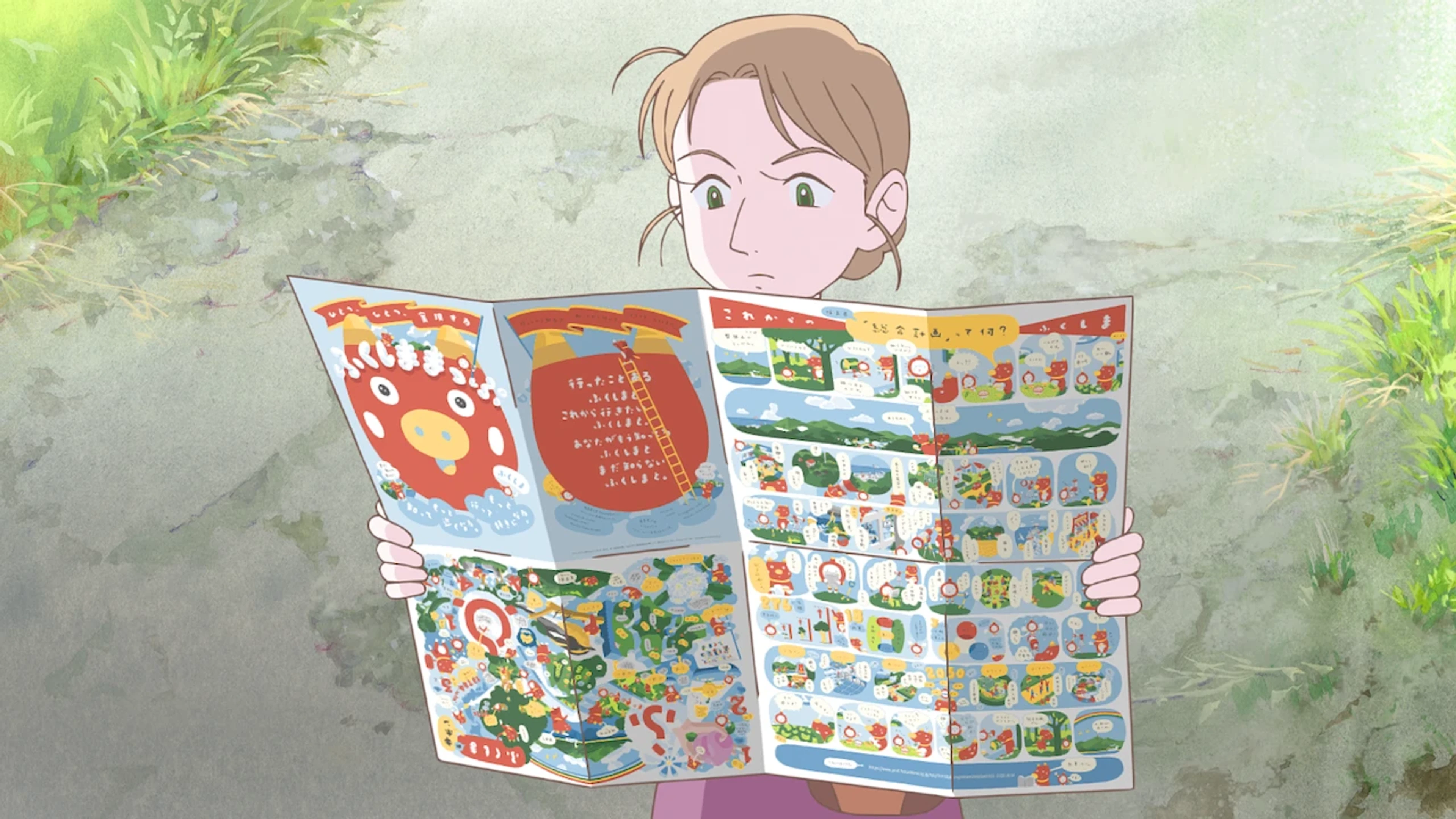 Sophie pauses to read the Fukushima map during her journey.
