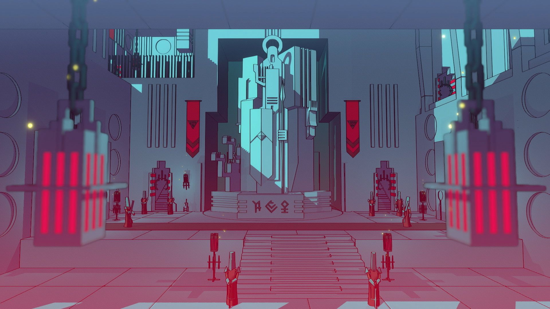A traveler faces a towering statue inside a blue and red hall in Chants of Sennaar.
