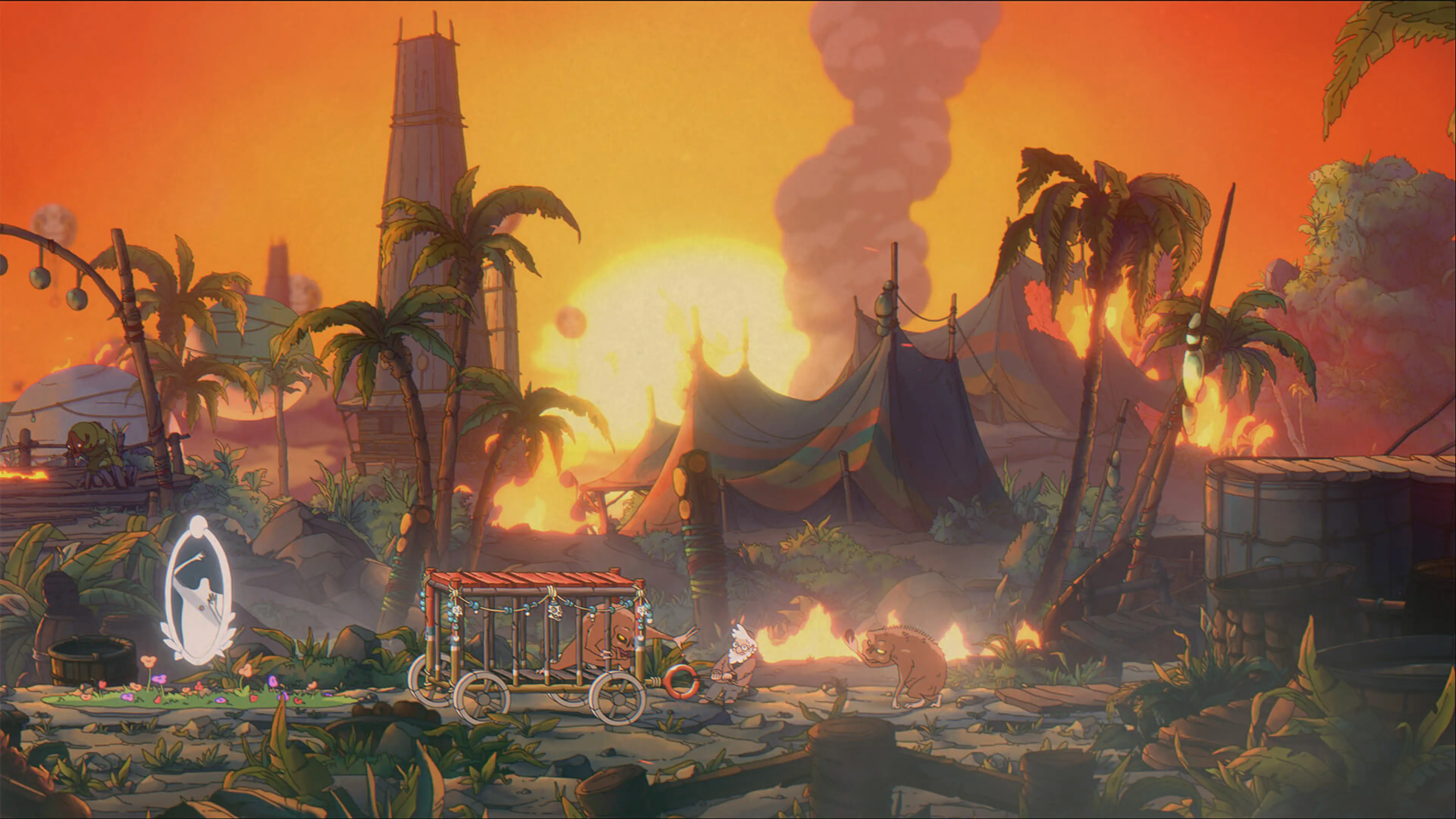 Goldman walks through a hand-drawn settlement at sunset.