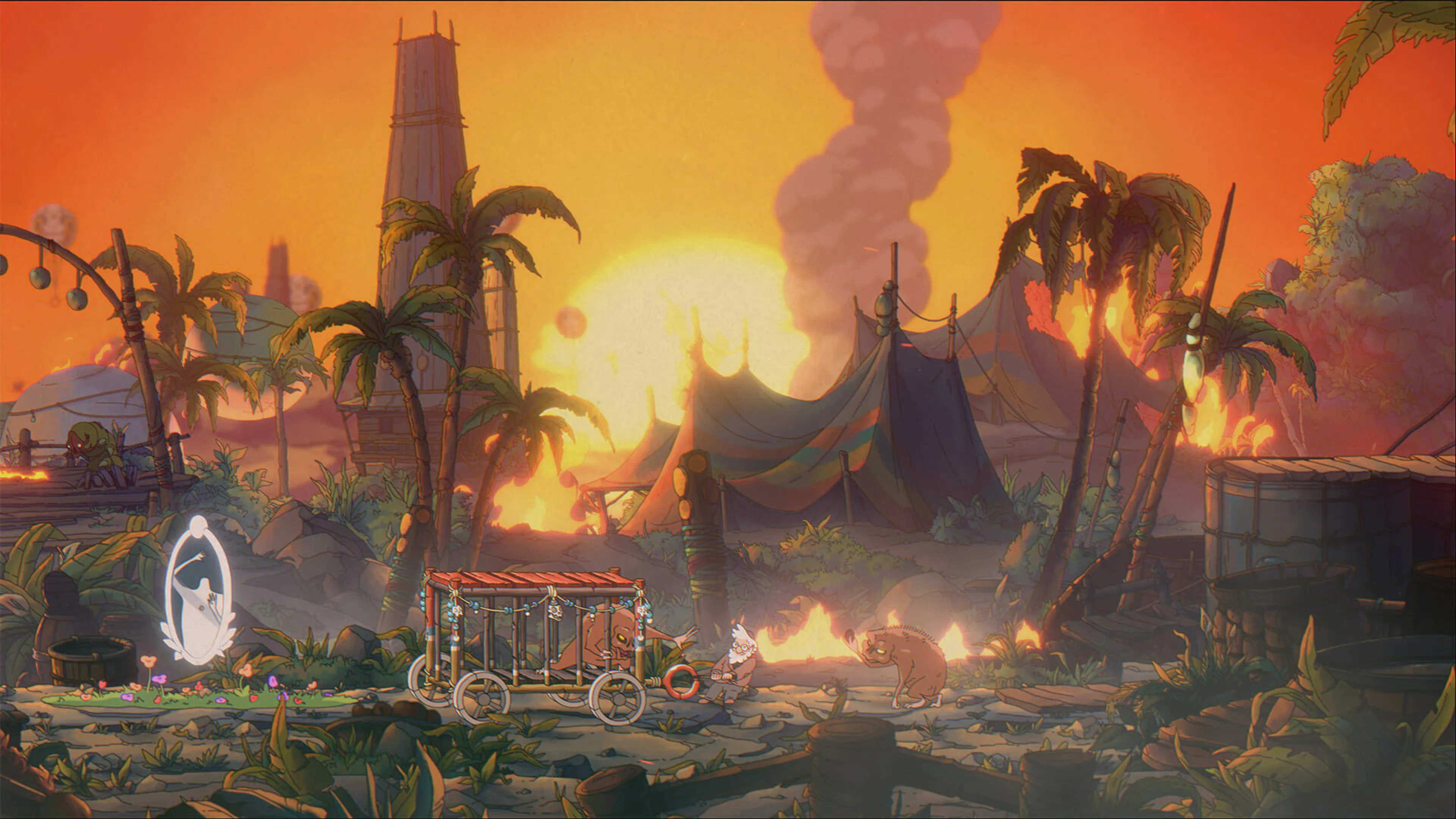 Goldman walks through a hand-drawn settlement at sunset in The Eternal Life of Goldman.