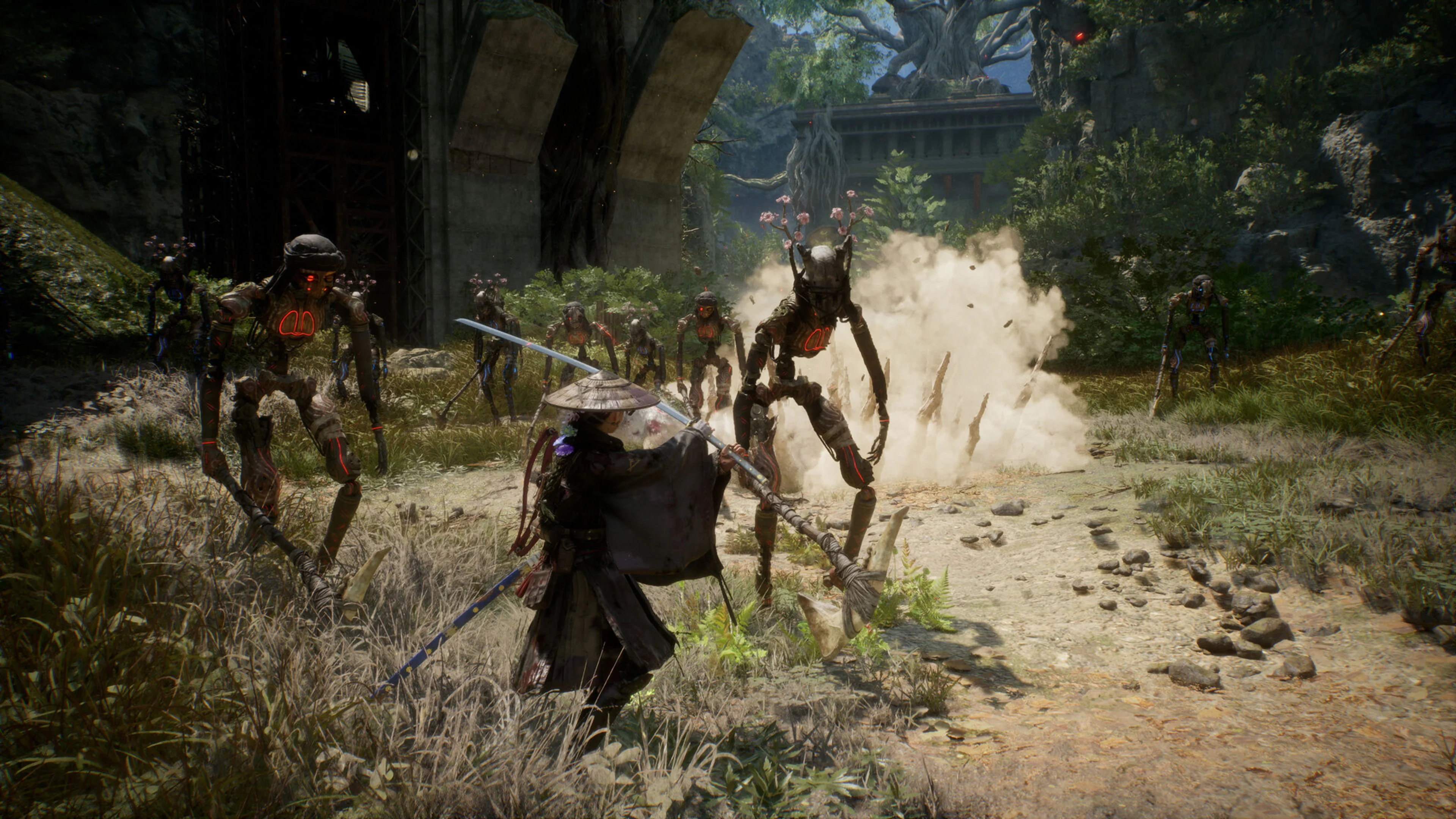 Emma faces a group of armed golems in a forest clearing in Beast of Reincarnation.