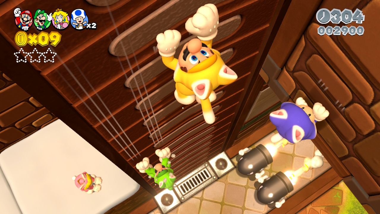 Cat Toad jumps above a moving platform in a vertical course.