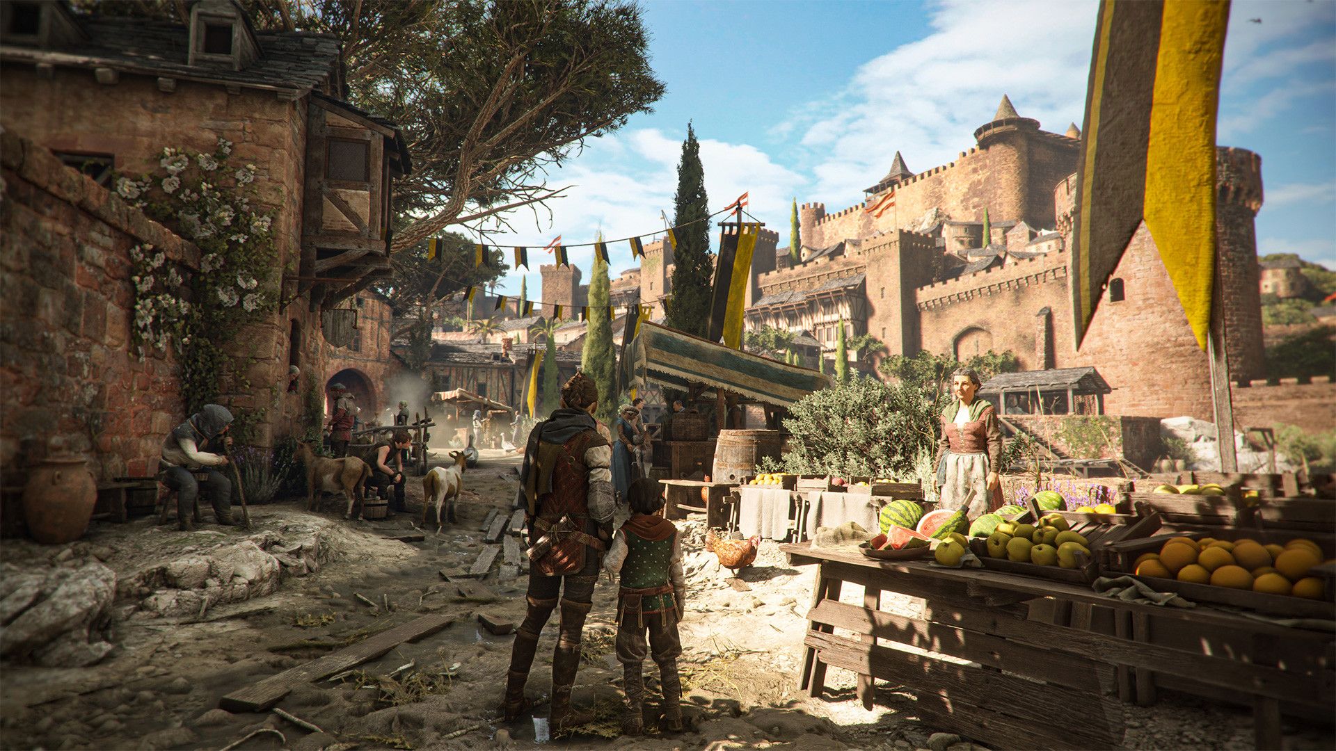 A crowded market gives a quieter view of the game’s southern setting.