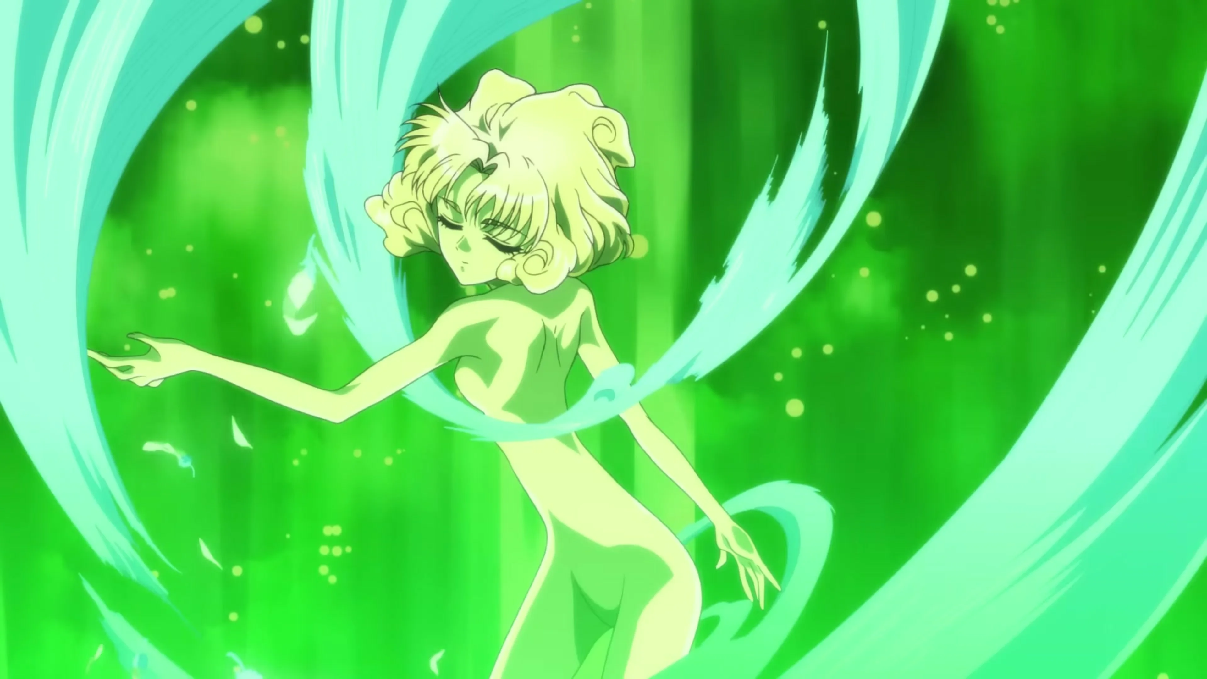 Fuu Hououji floats inside bright green magical light in Magic Knight Rayearth.