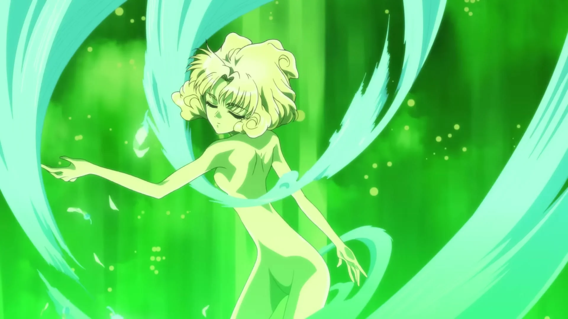 Fuu Hououji floats inside bright green magical light in Magic Knight Rayearth.