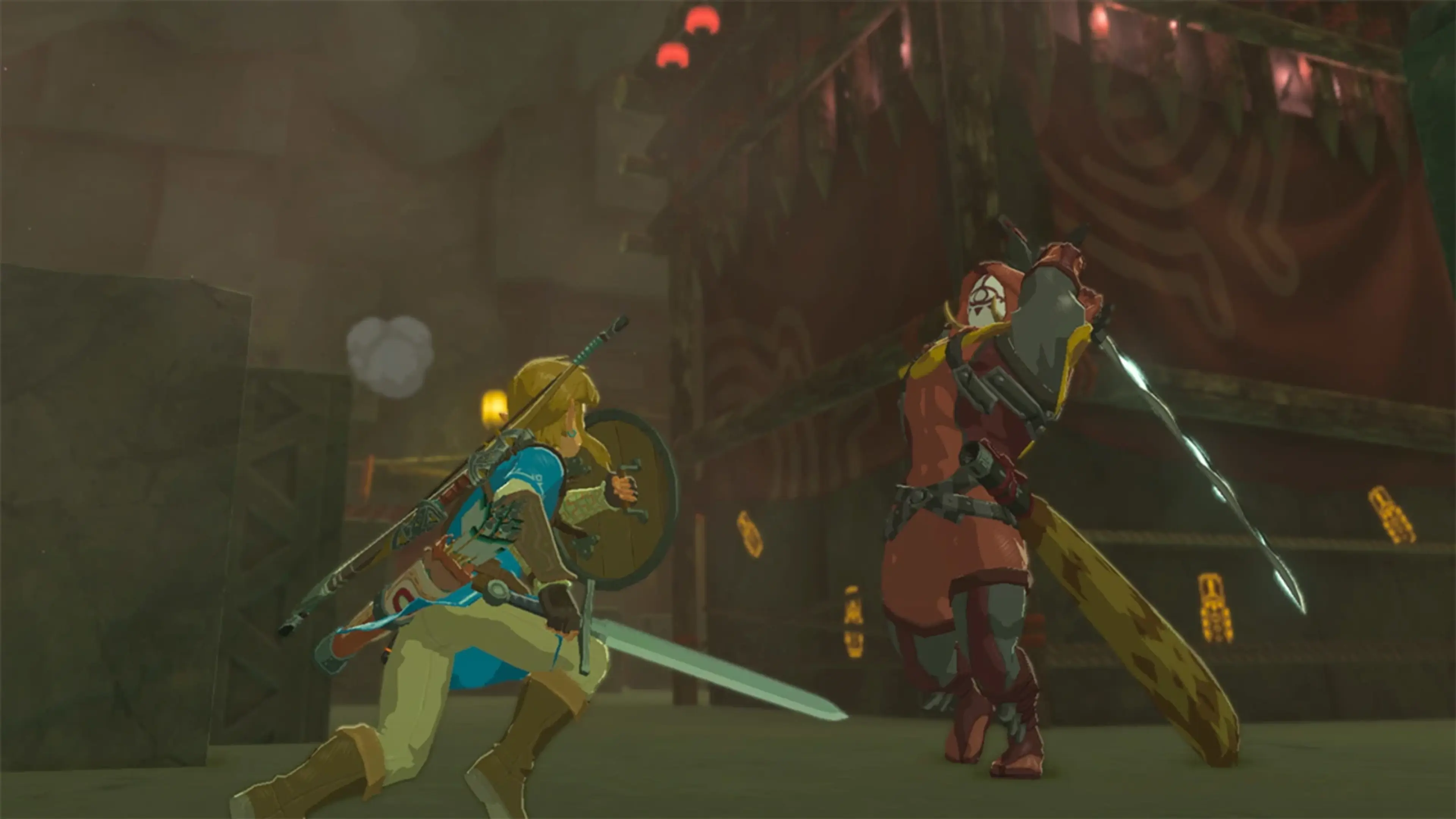 Link clashes swords with a red-clad enemy inside a dark chamber in Breath of the Wild.