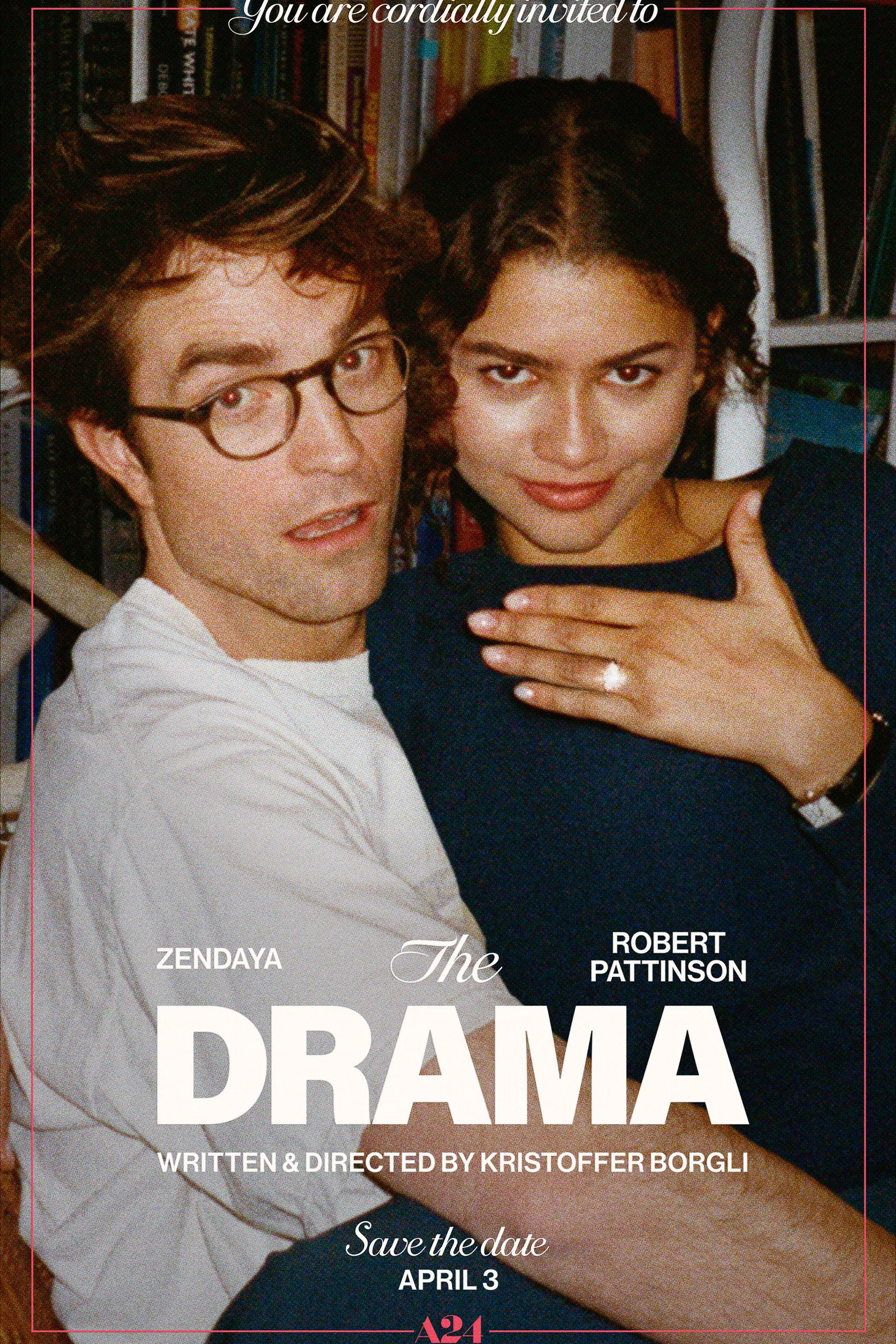 Official The Drama poster with Zendaya showing her engagement ring beside Robert Pattinson.