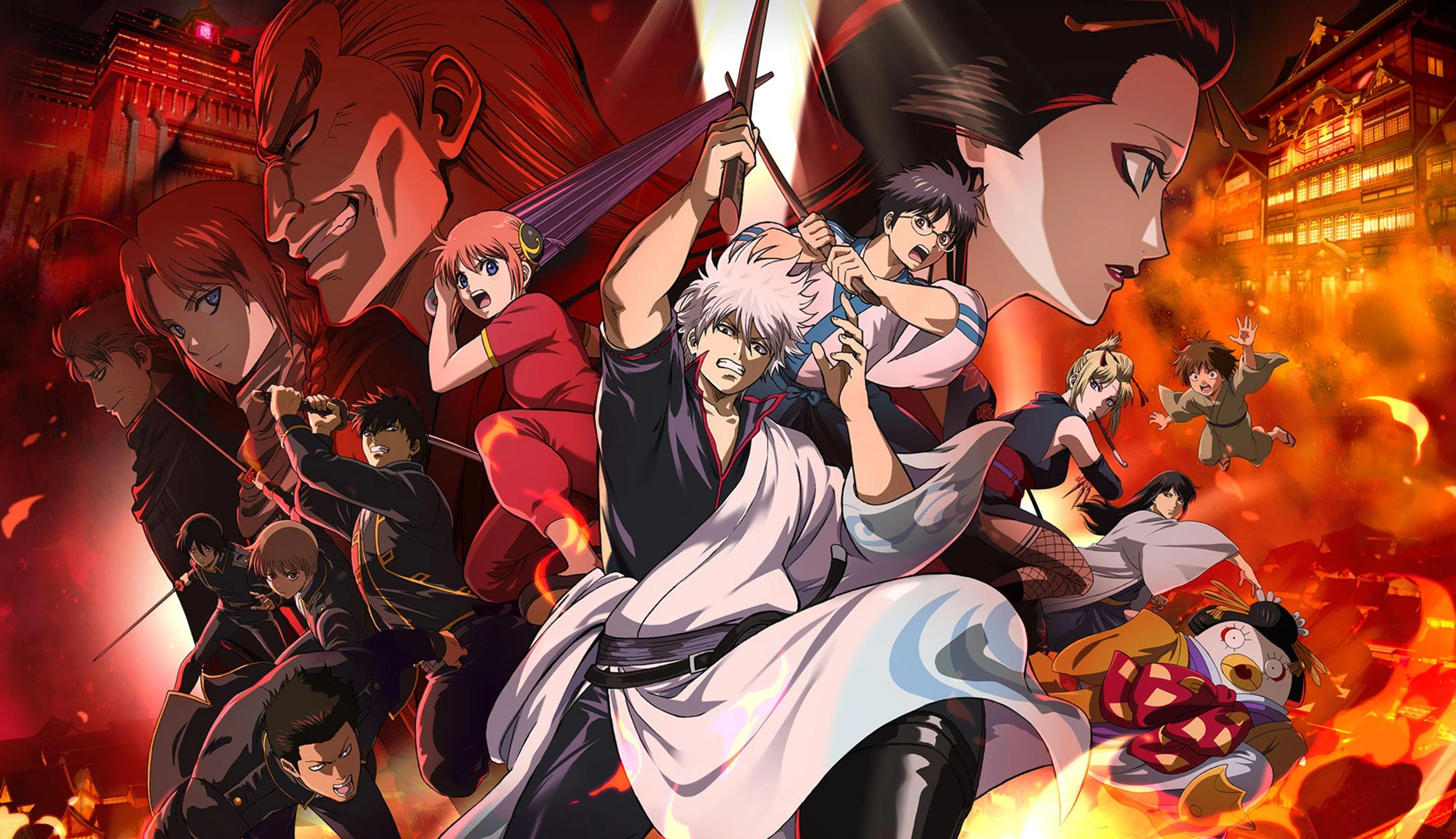 Gintoki and the Gintama cast face a burning Yoshiwara in official movie artwork.