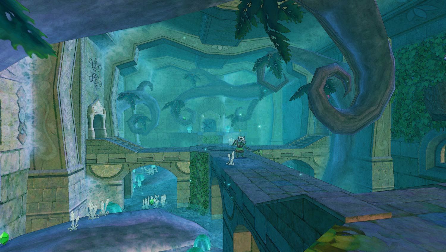A blue-green stone shrine contains water, raised walkways and large hanging roots.
