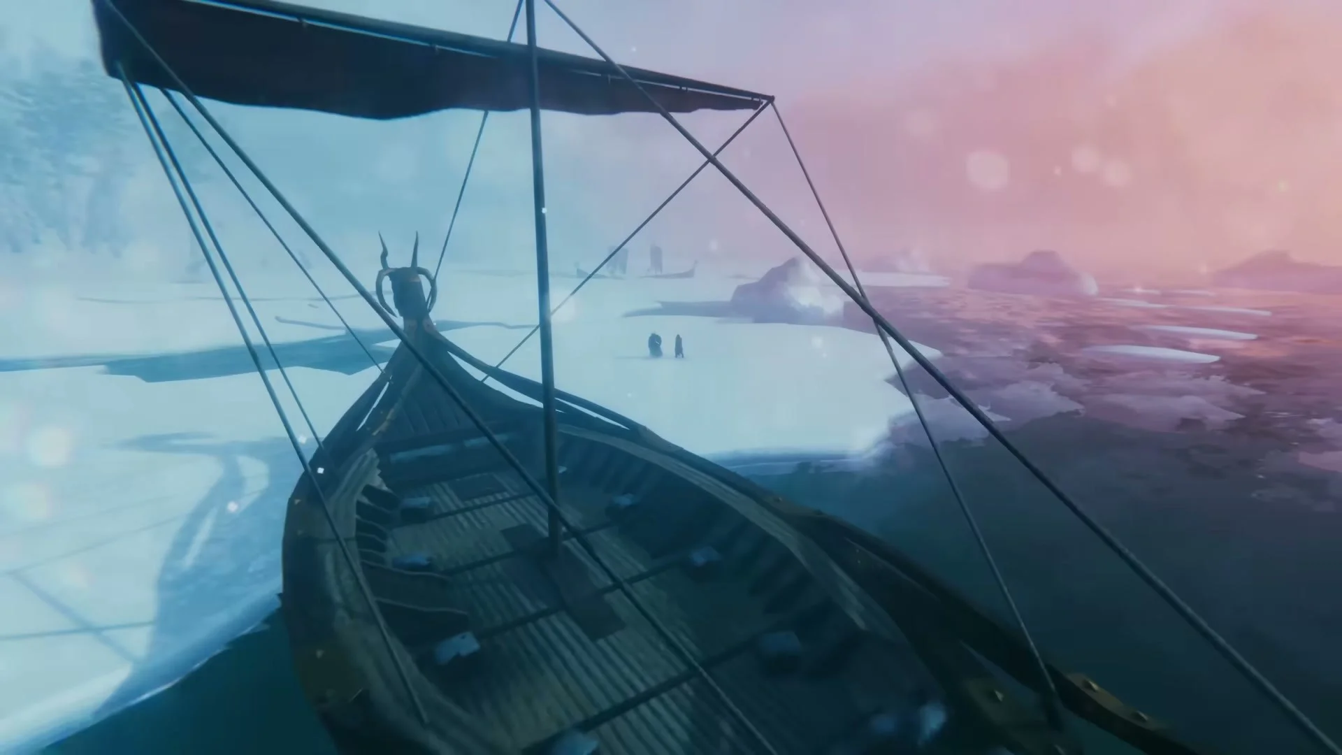A Viking longship approaches a snow-covered shore through broken sea ice in Valheim’s Deep North.