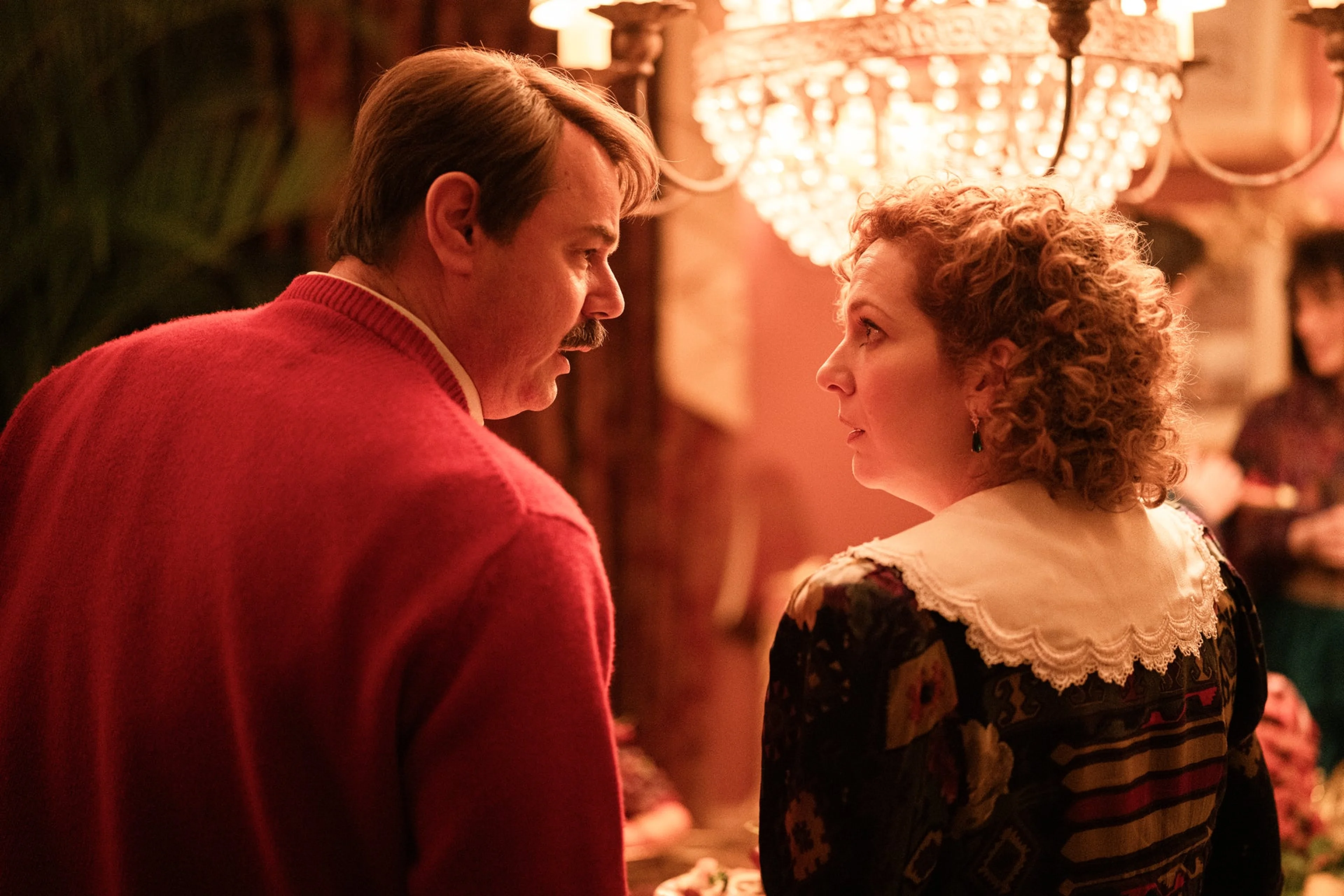 Danny Dyer as Freddie Jones faces Katherine Parkinson as Lizzie Vereker in a warm-lit room.