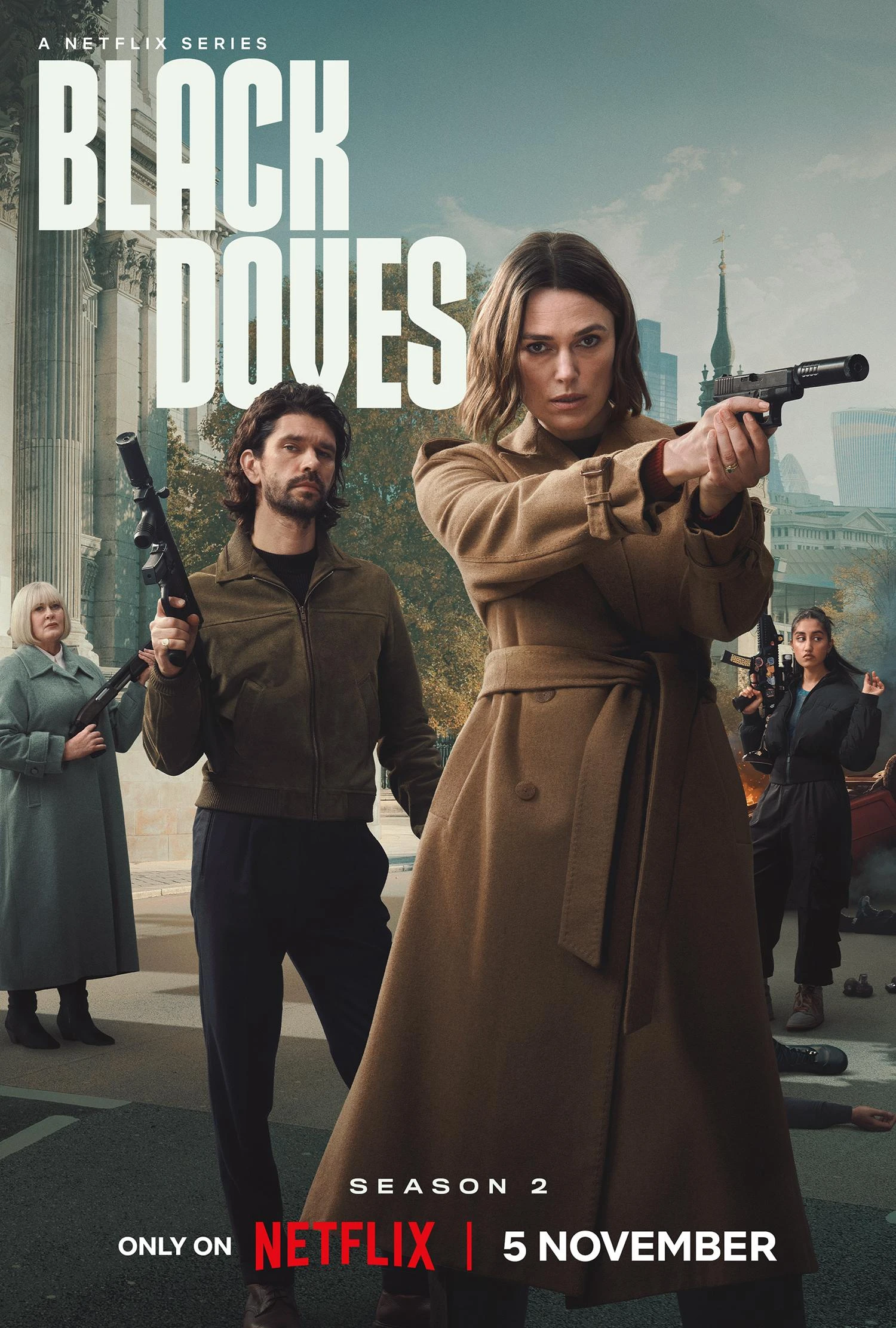 Black Doves Season 2 poster with Keira Knightley and Ben Whishaw against a London backdrop.