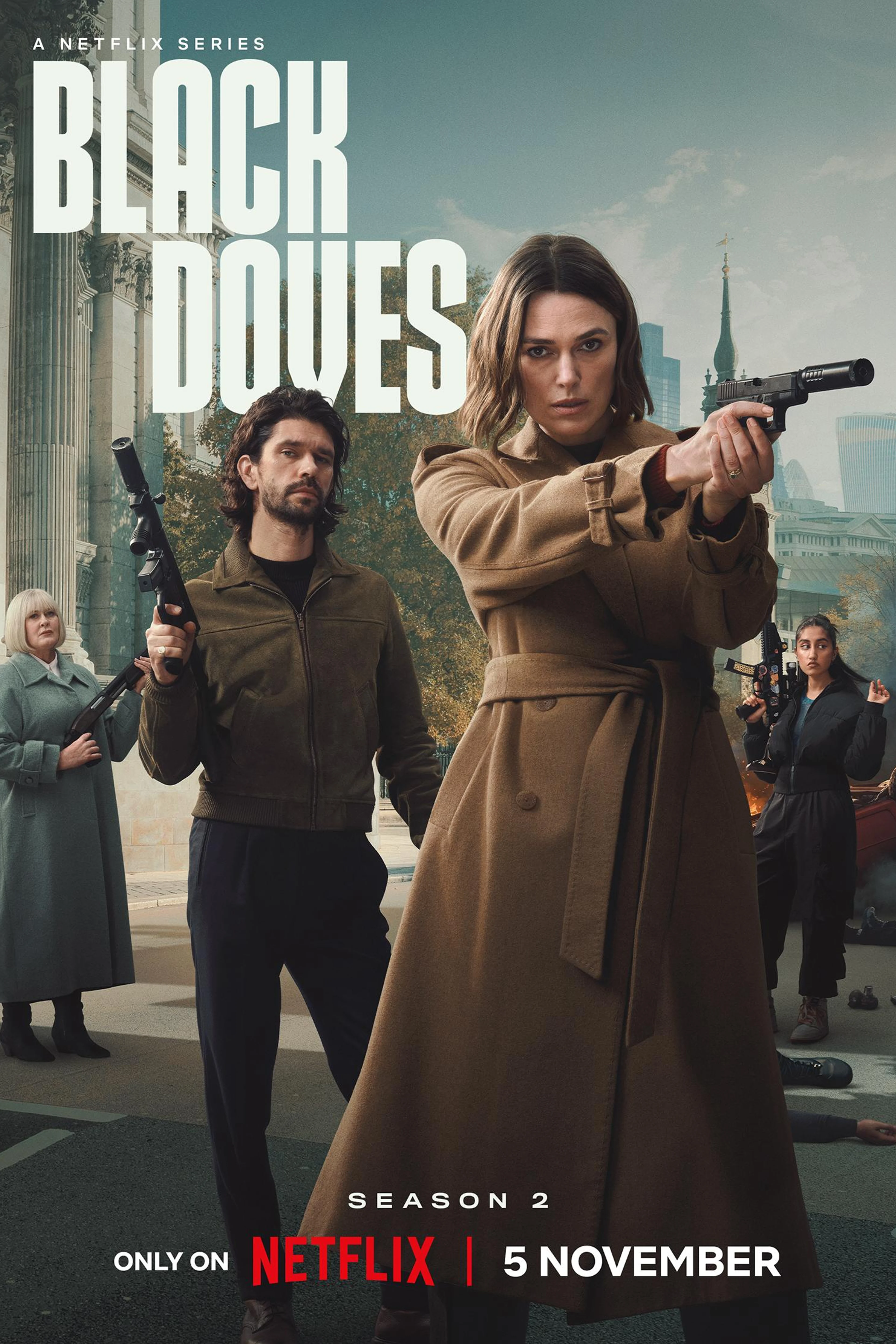 Black Doves Season 2 poster with Keira Knightley and Ben Whishaw against a London backdrop.