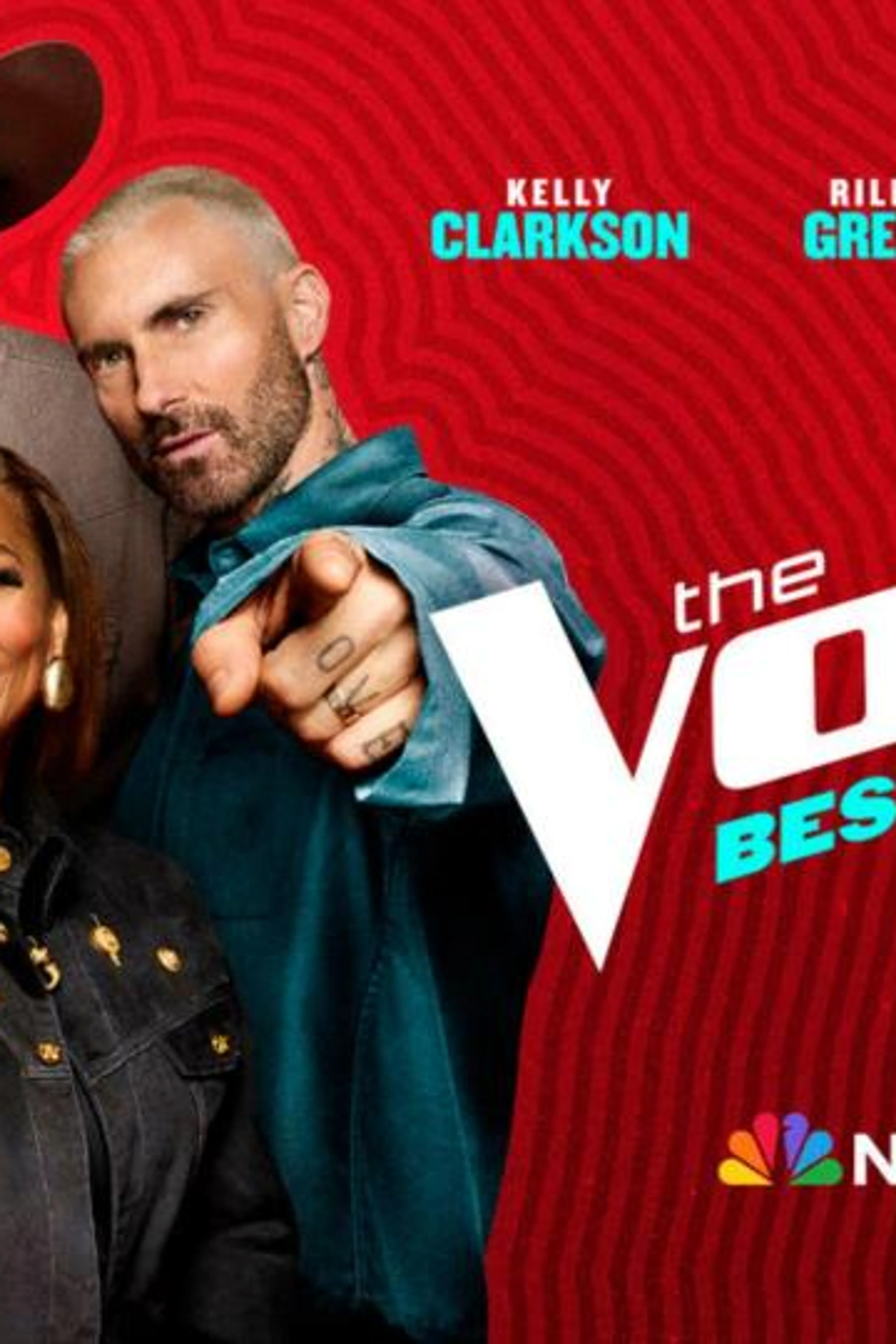Kelly Clarkson, Riley Green, Queen Latifah and Adam Levine in The Voice season 30 promotional image.