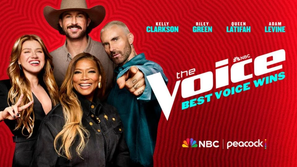 The Voice season 30 promotional image of coaches Kelly Clarkson, Riley Green, Queen Latifah and Adam Levine.
