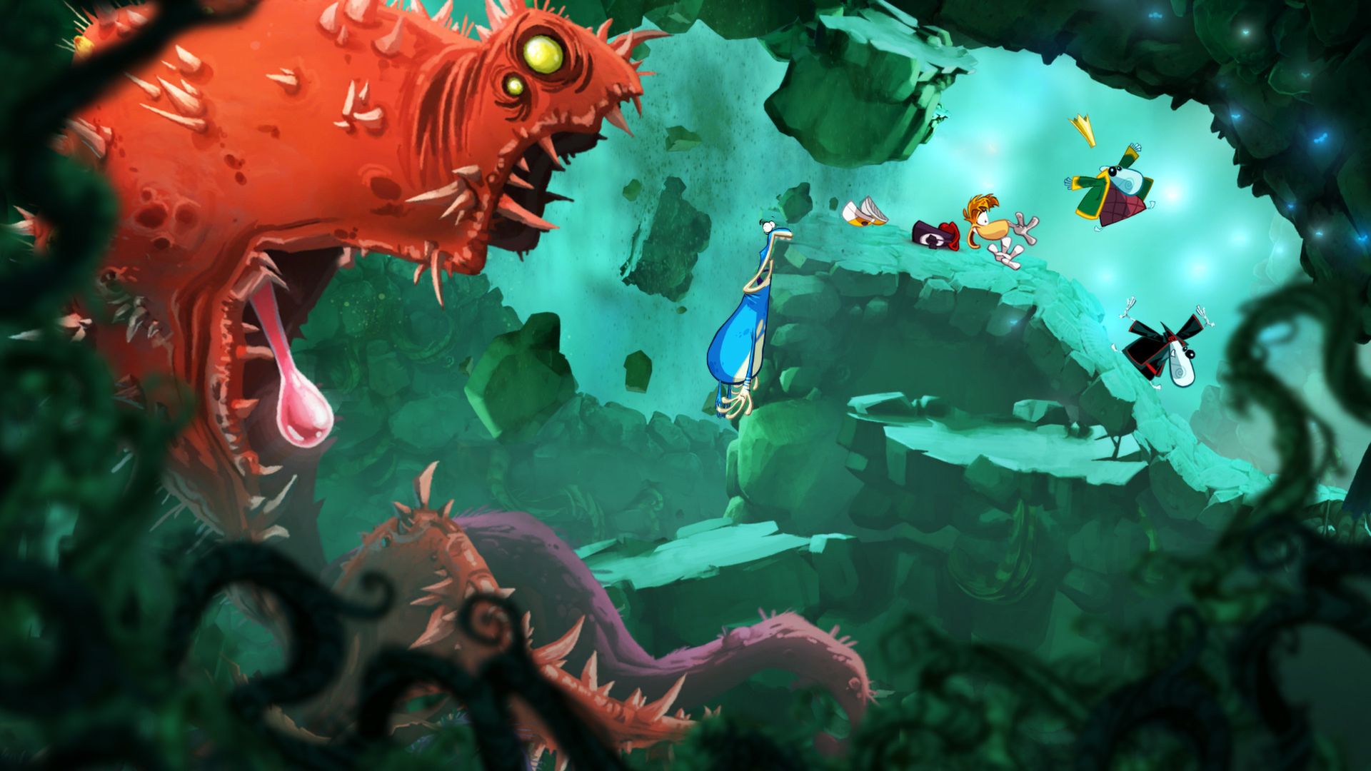 Rayman, Globox and two Teensies cross a rocky area while a huge red creature follows.