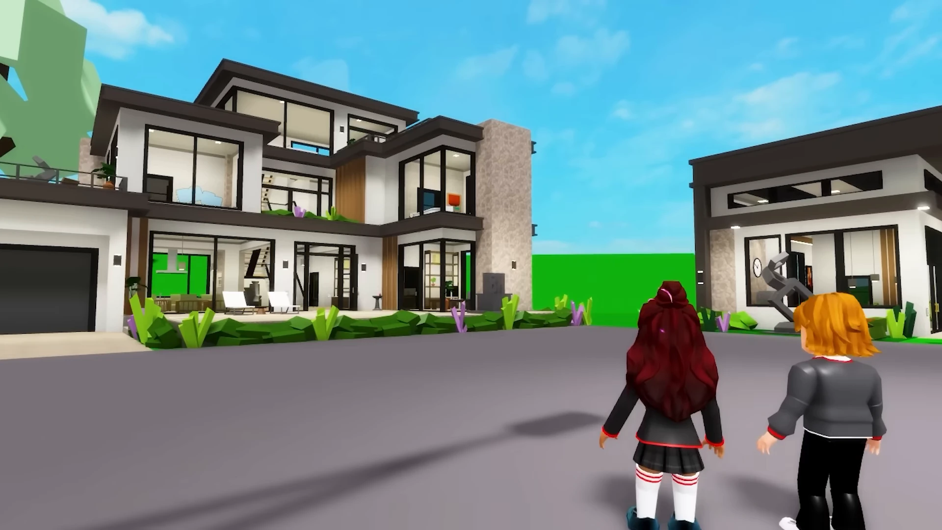 Two Brookhaven characters looking at modern houses from the street.