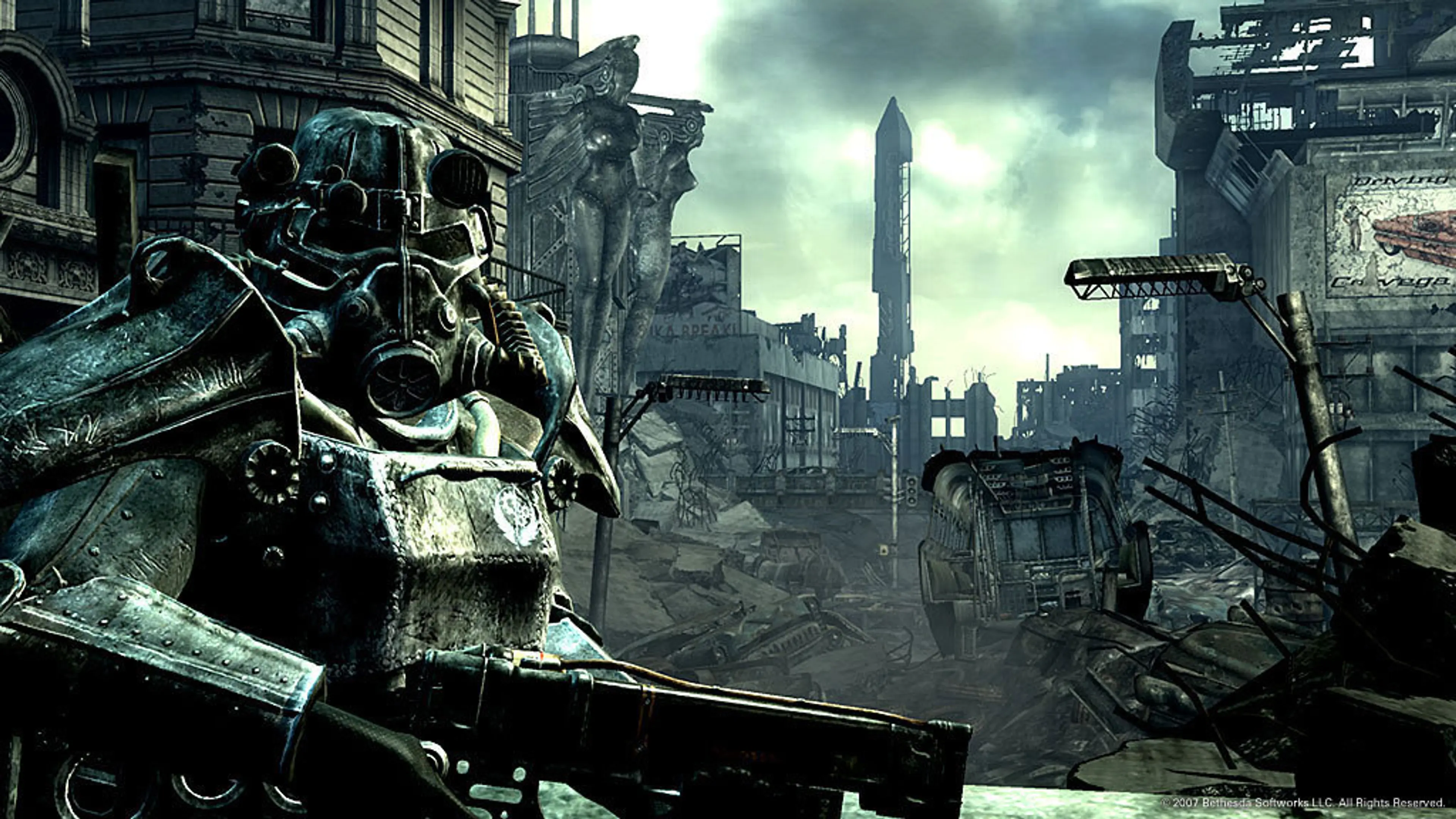 Power armor stands in a ruined city street in Fallout 3.