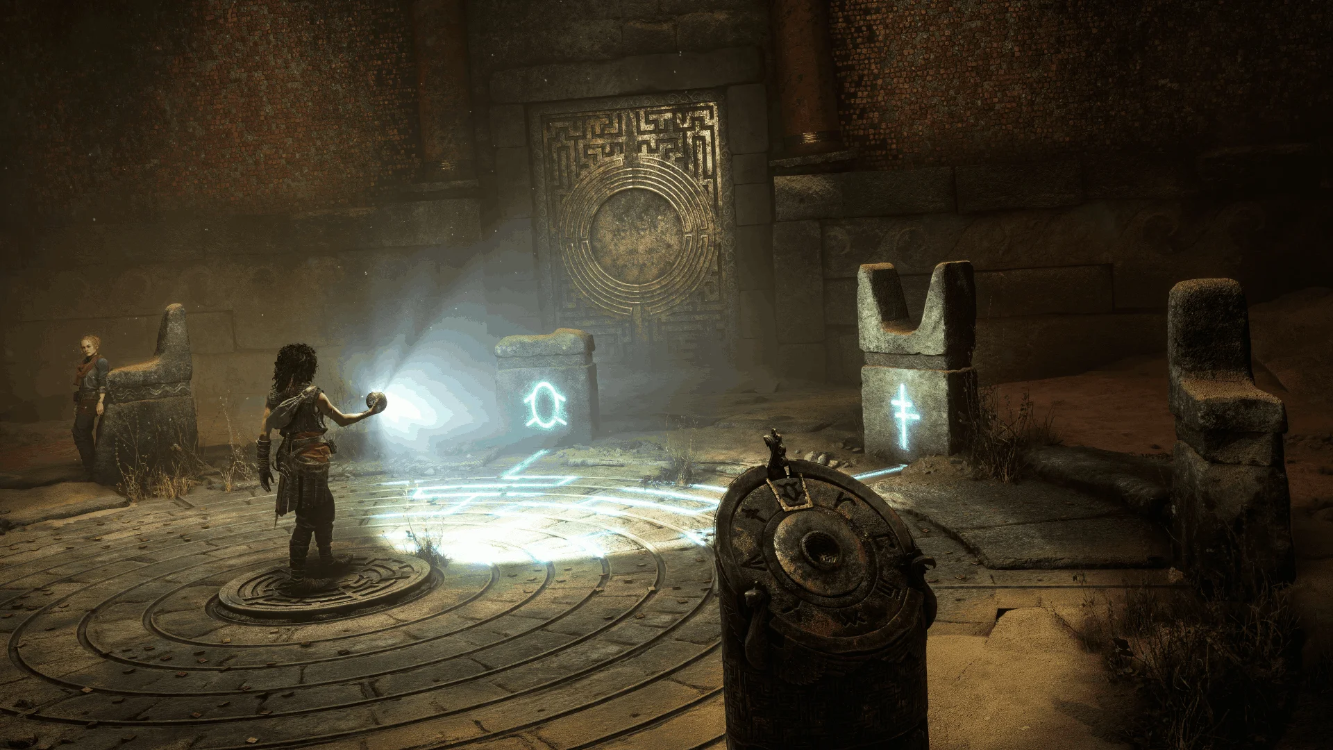 Sophia uses a glowing Minoan sphere while Leni watches inside an ancient puzzle chamber.