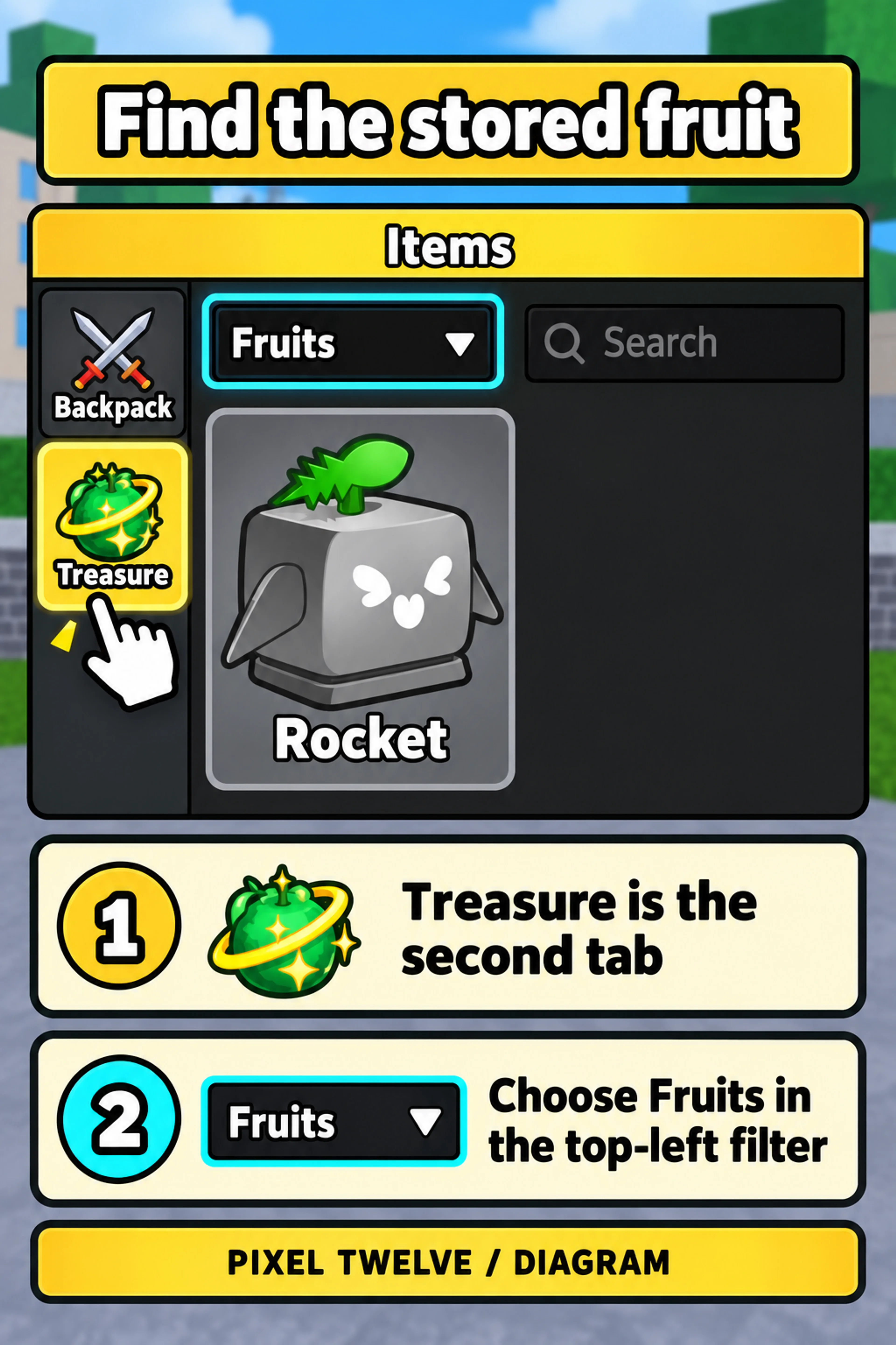 Original Pixel Twelve diagram showing Treasure as the second left-hand Items tab, the top-left Fruits filter, upper-right Search and a saved Rocket card.