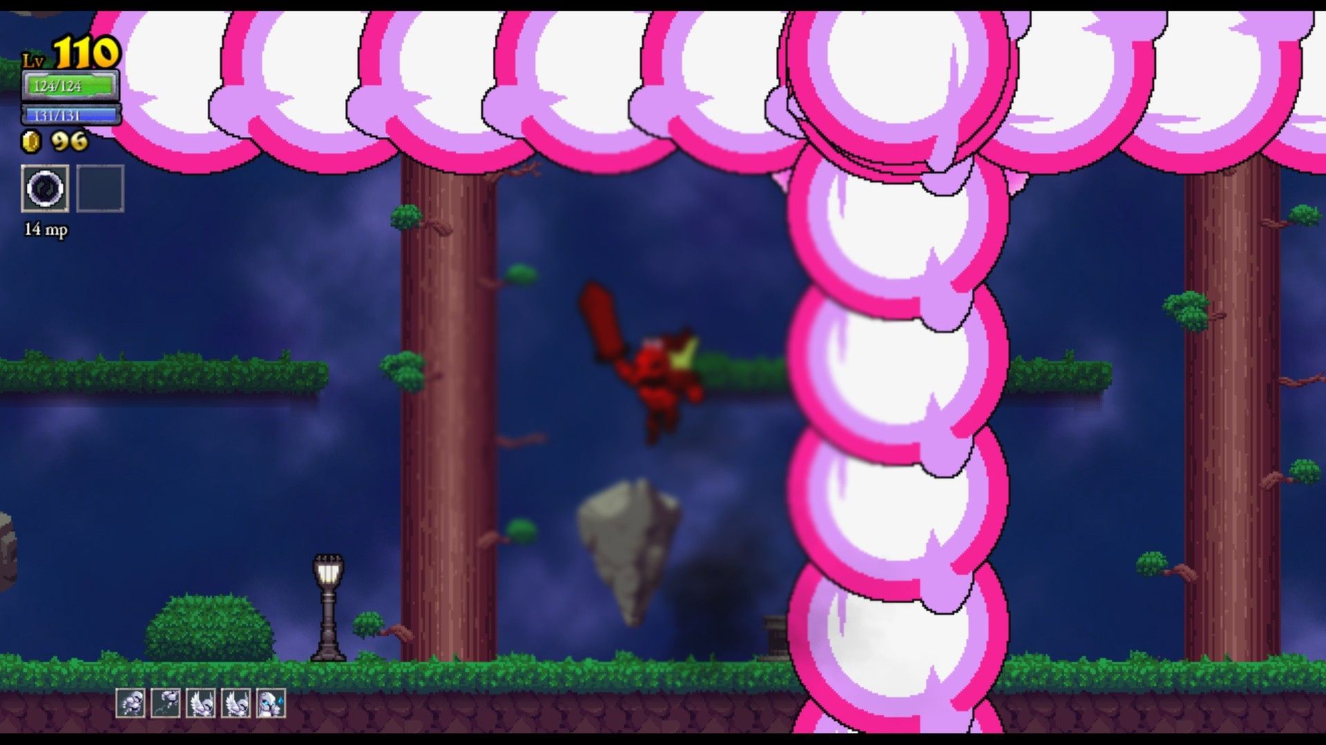 A small knight runs past huge pink enemy shapes in a colorful forest area.