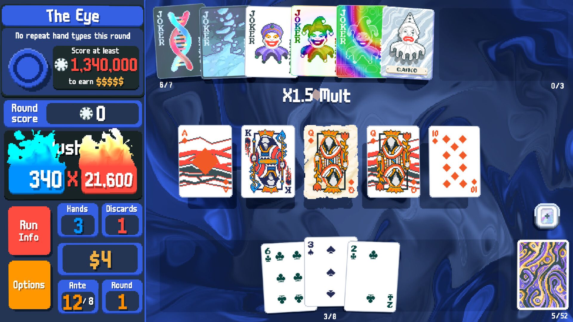 Balatro screen with multiple Jokers, cards, and a rising score.