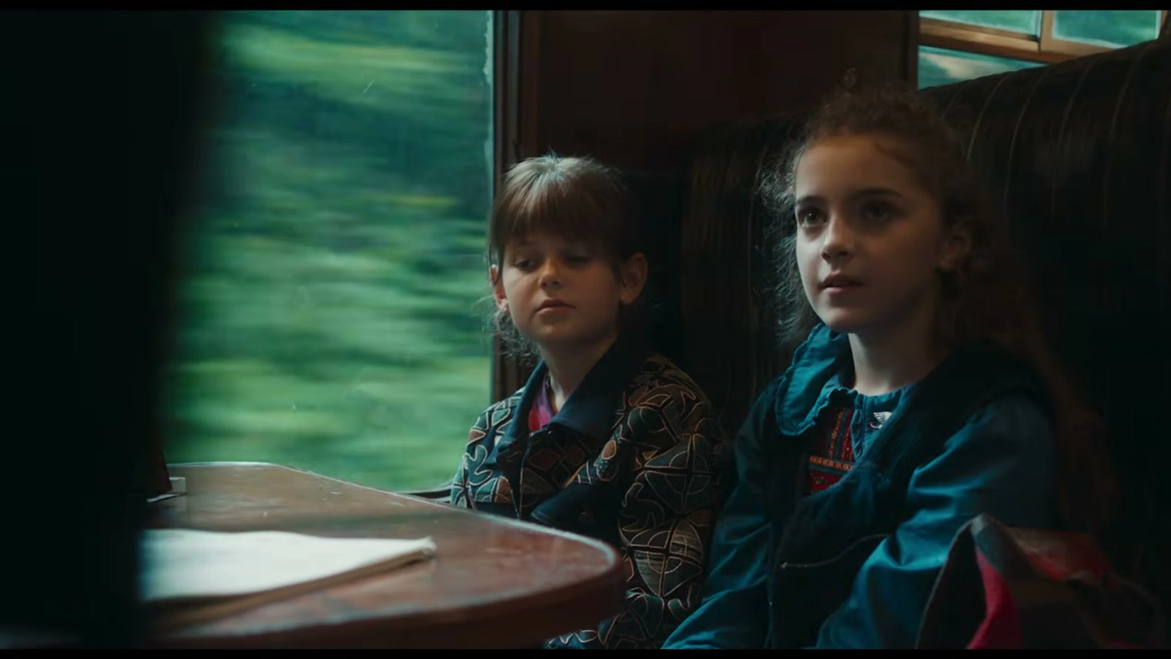 Two young Hogwarts students look out from a compartment aboard the Hogwarts Express.