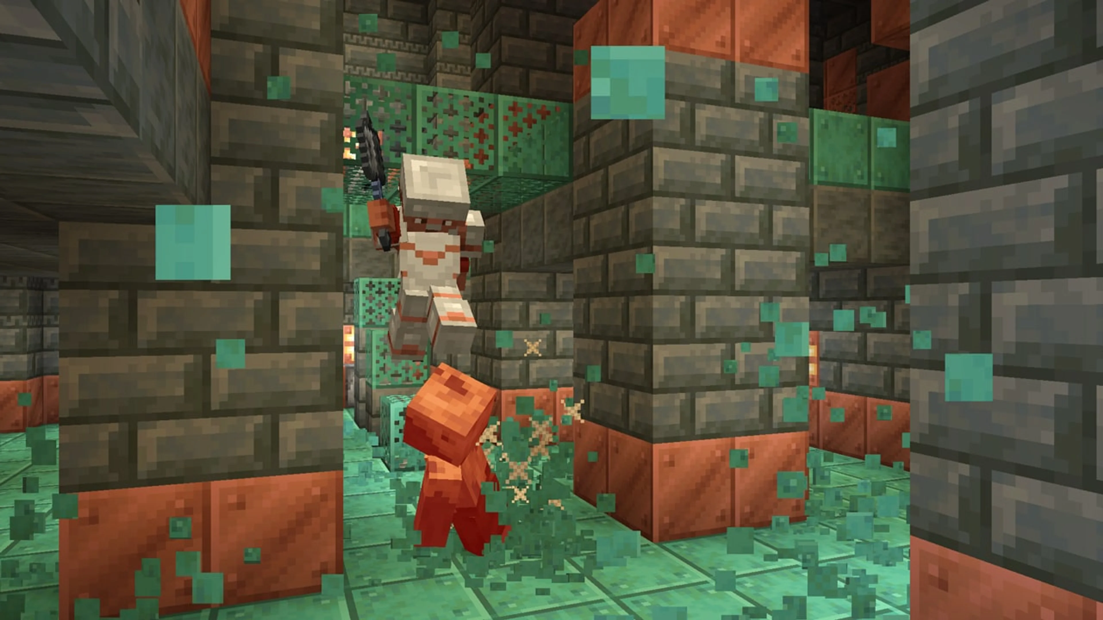 Alex descends toward a zombie in a Trial Chamber with a mace ready to strike.