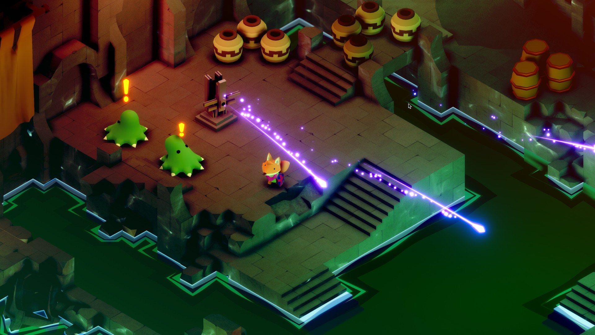 The fox fights green enemies in a dark room.