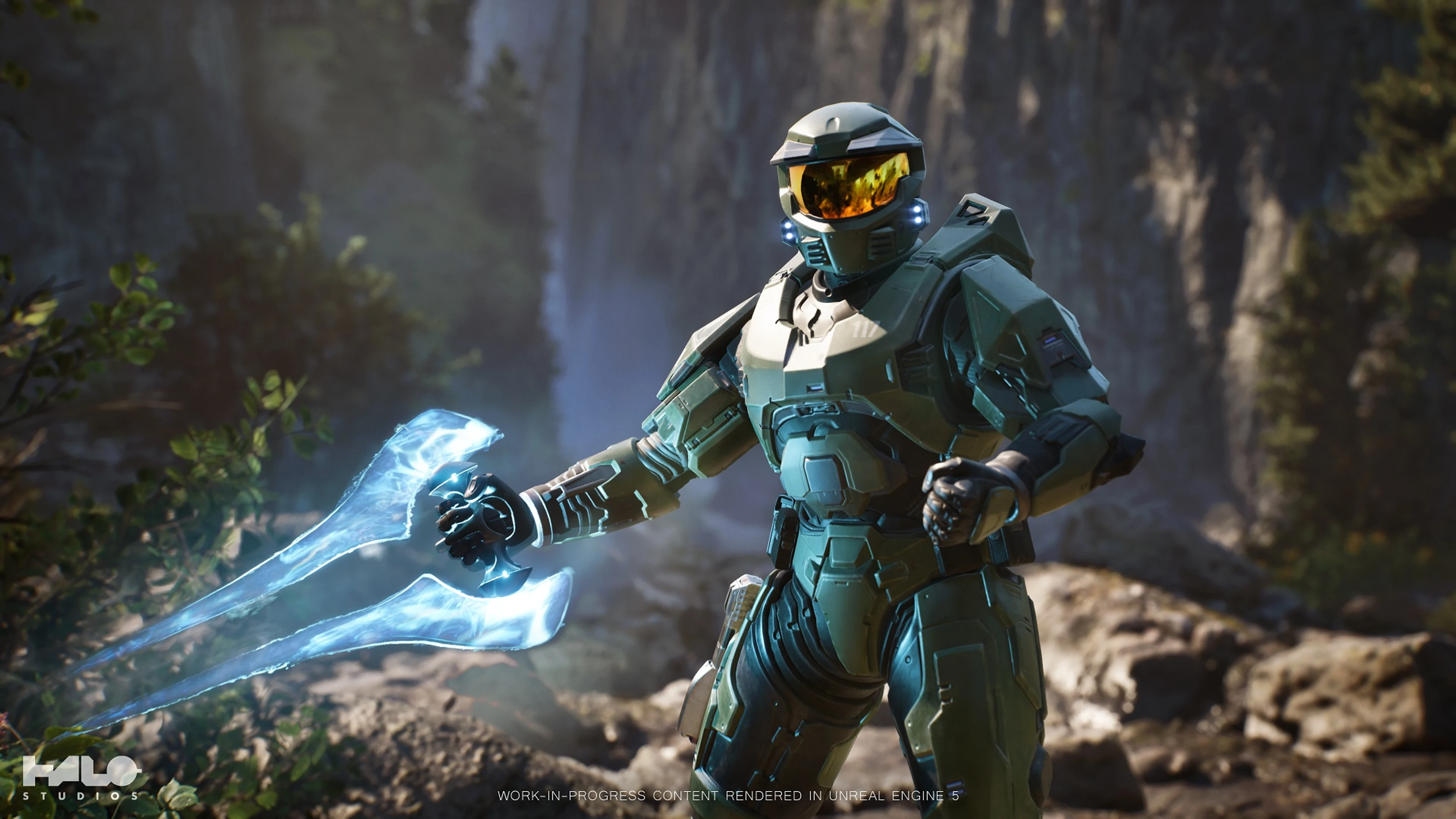 Master Chief holds an Energy Sword in Halo Studios’ Project Foundry Unreal Engine 5 demonstration.