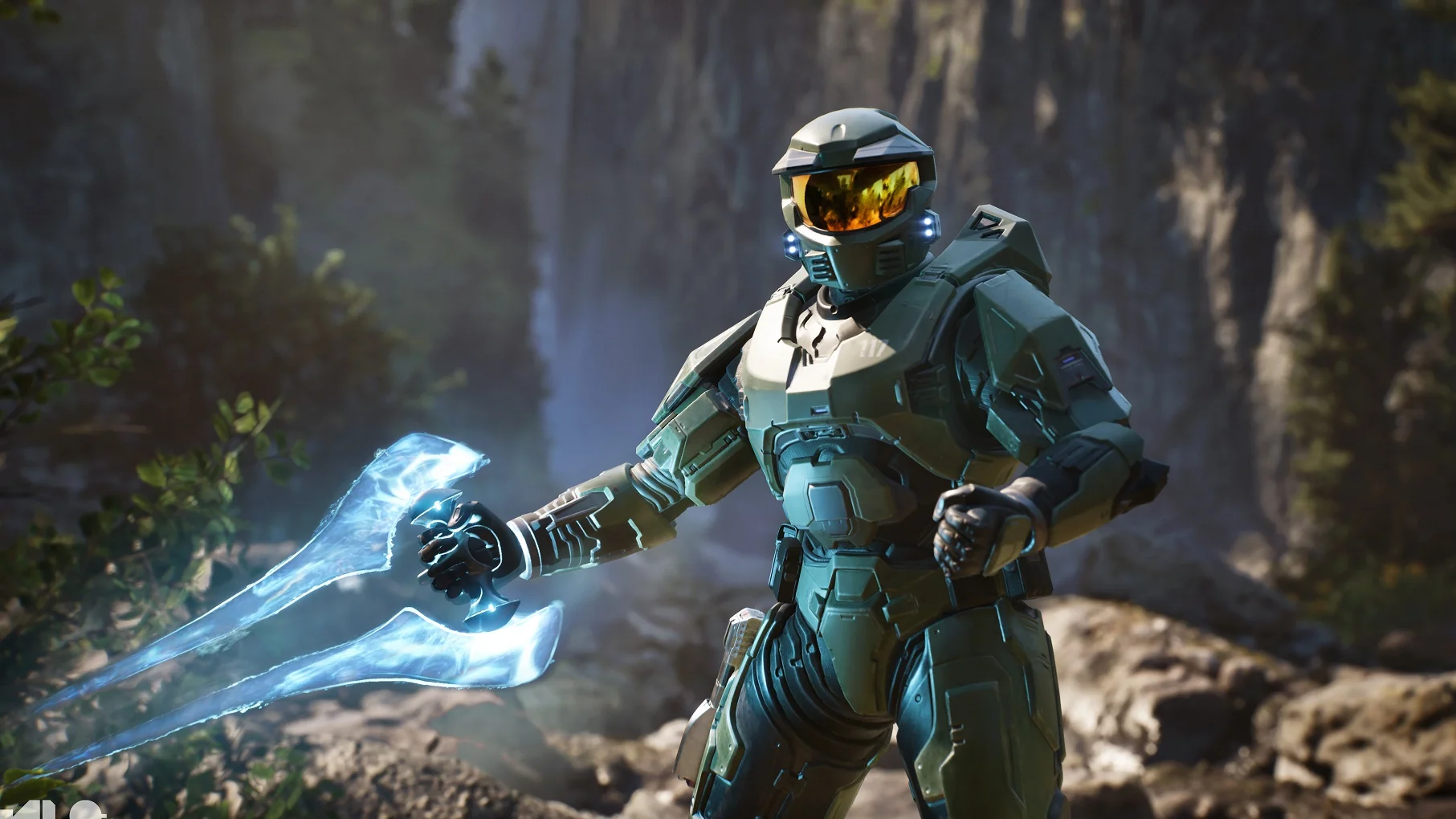 Master Chief holds an Energy Sword in a forest scene from Halo Studios’ Project Foundry demonstration.