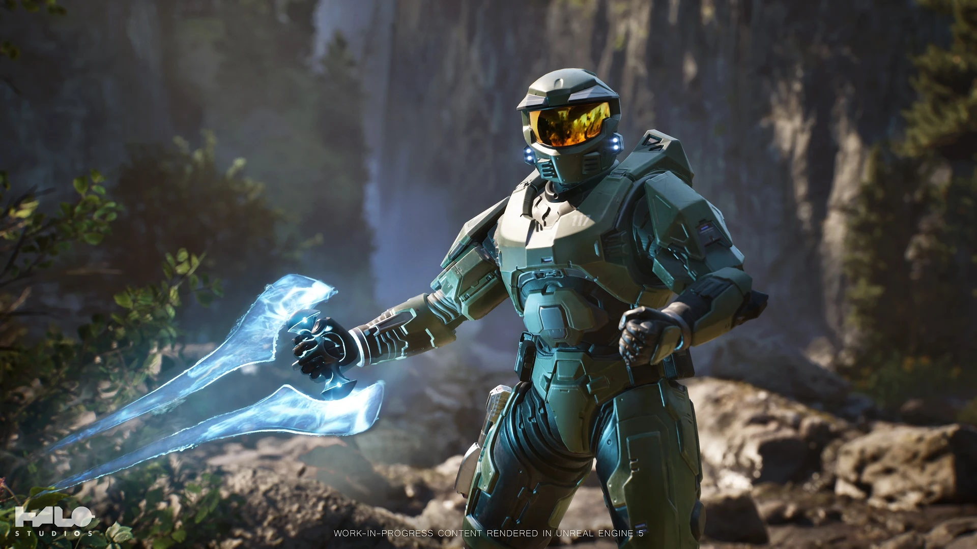 Master Chief holds an Energy Sword in Halo Studios’ Project Foundry Unreal Engine 5 demonstration.