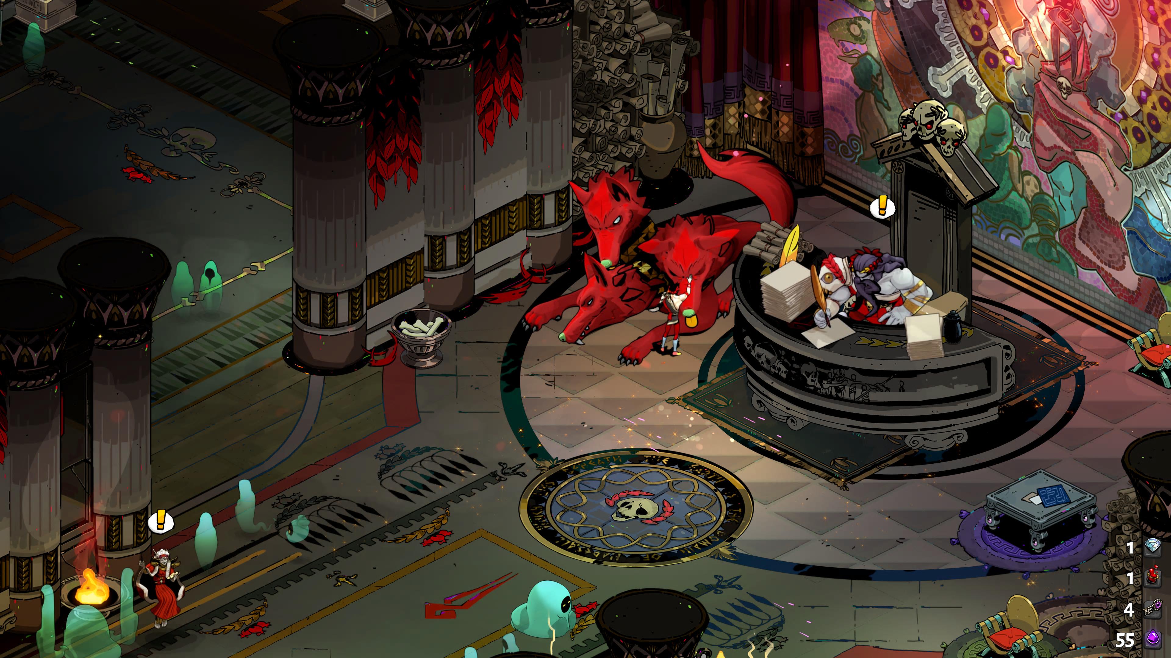 Zagreus stands near Cerberus and the front desk in the House of Hades.