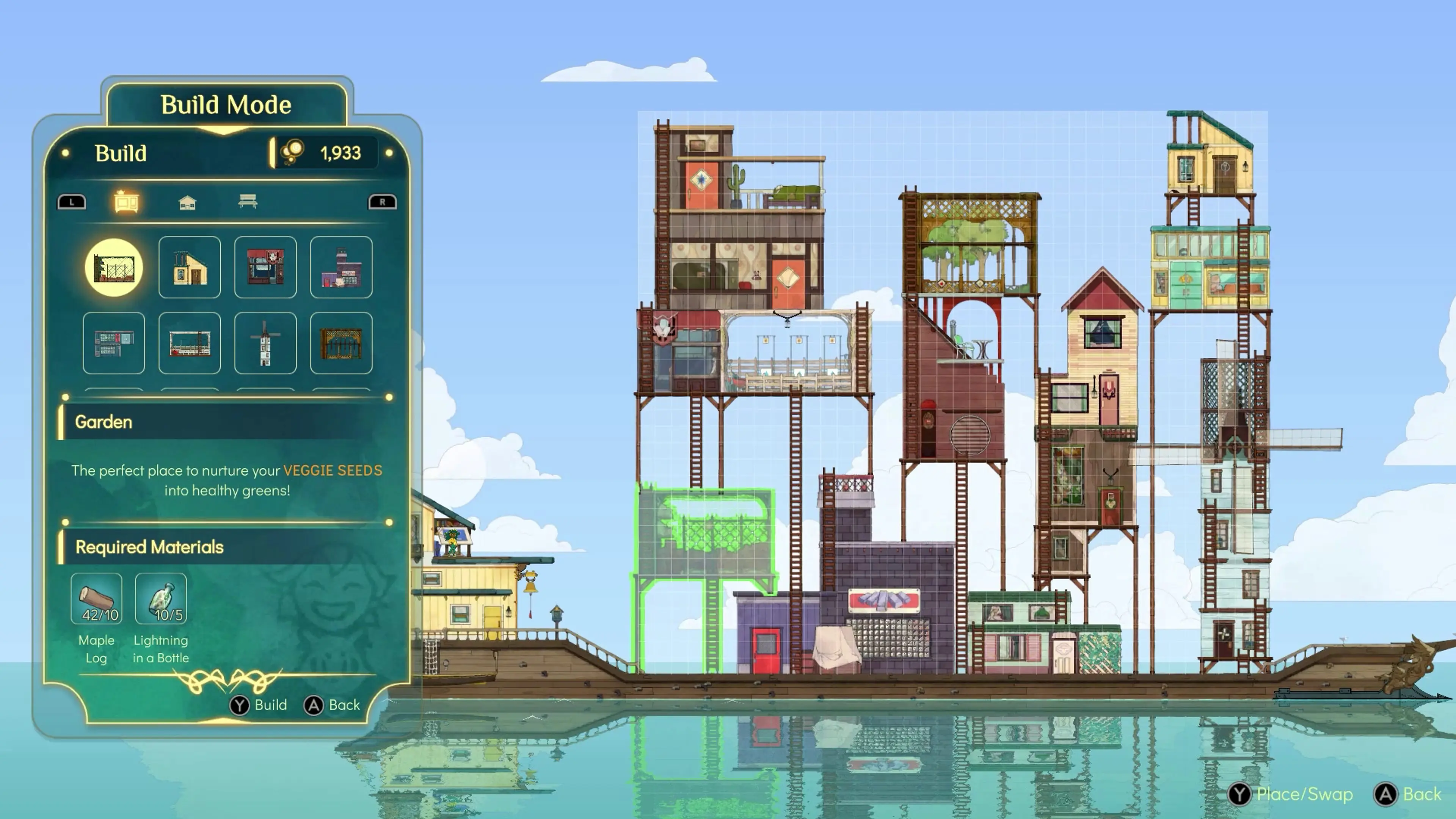 The construction menu showing stacked cabins and workshops on Stella’s ferry.