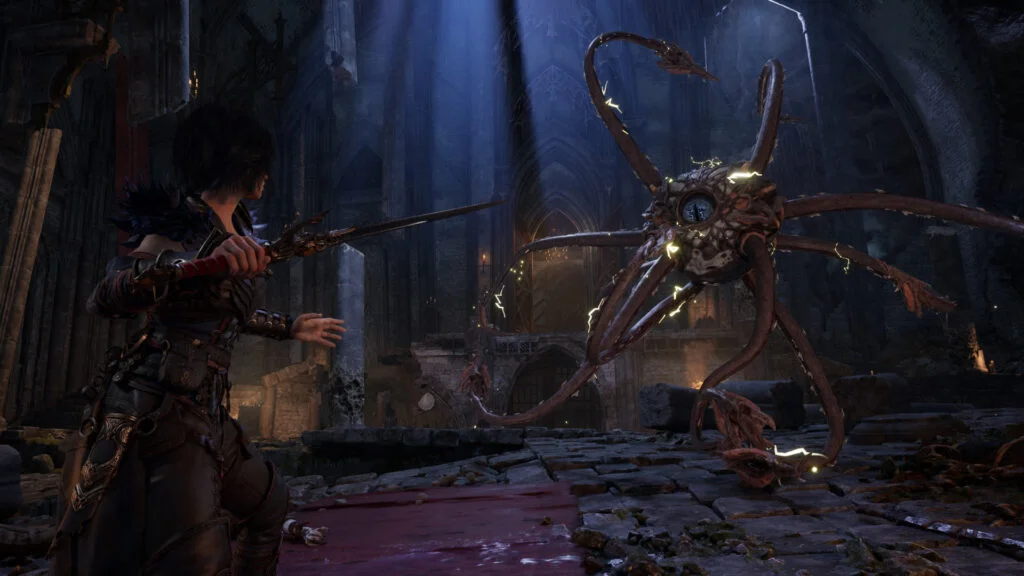 Kaatri readies a summoned blade against a many-limbed monster inside a ruined hall in Warlock: Dungeons & Dragons.