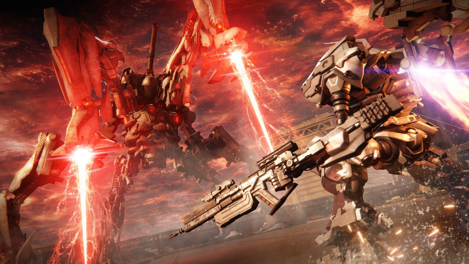 Two armed mechs fight under a red sky.