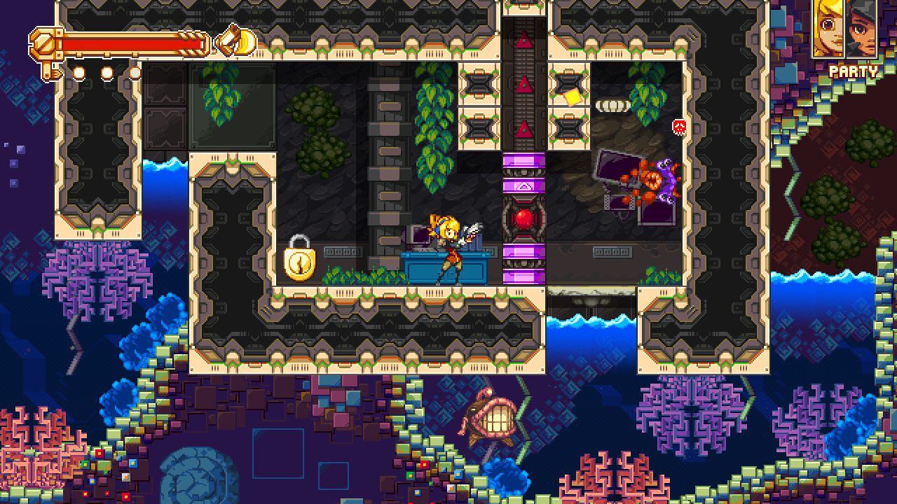 Robin aims her gun across an enclosed mechanical room; a lock and machinery divide the route.