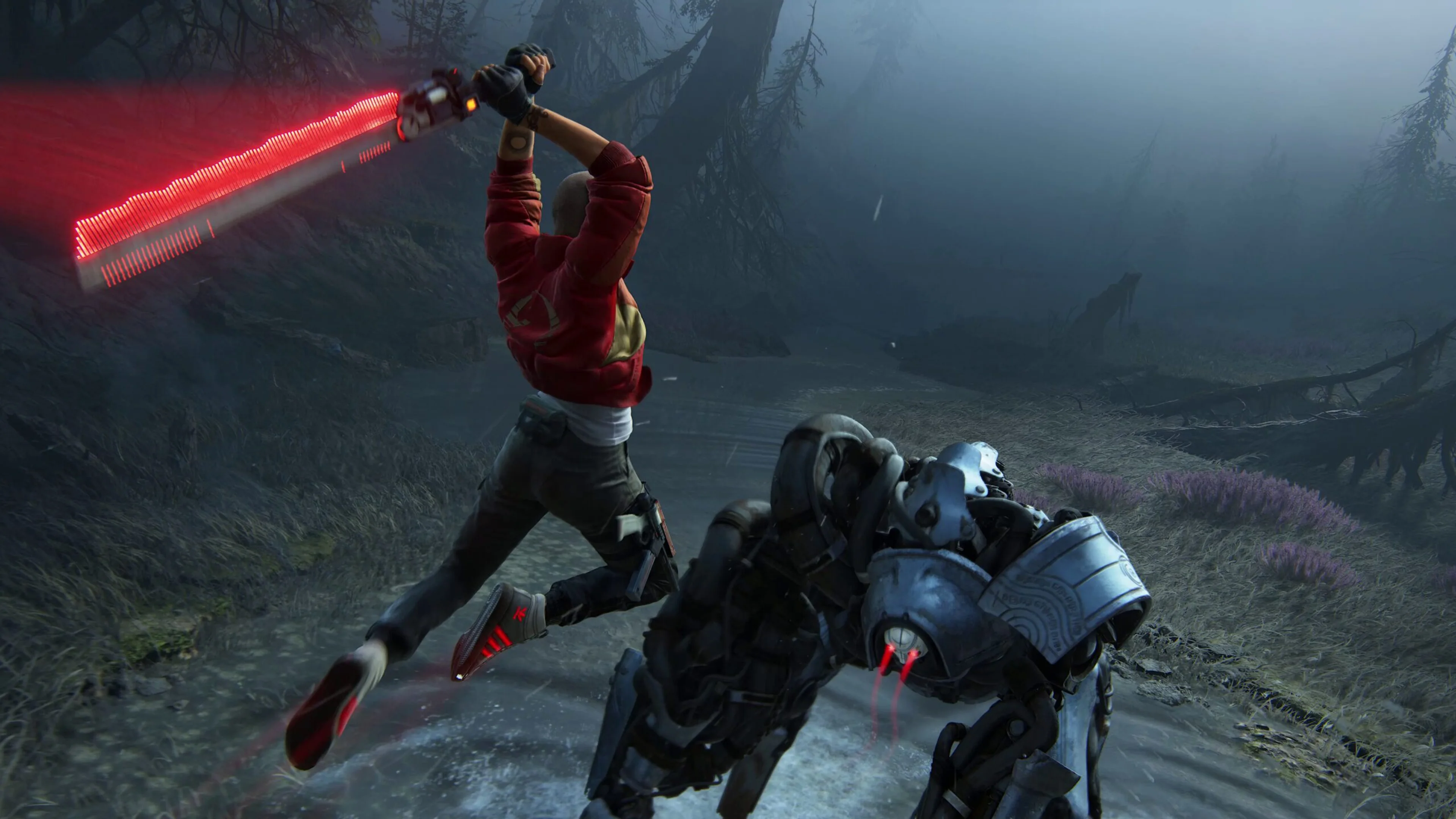 Jordan A. Mun attacks a large robotic enemy with a red-bladed weapon in an official Intergalactic: The Heretic Prophet screenshot.