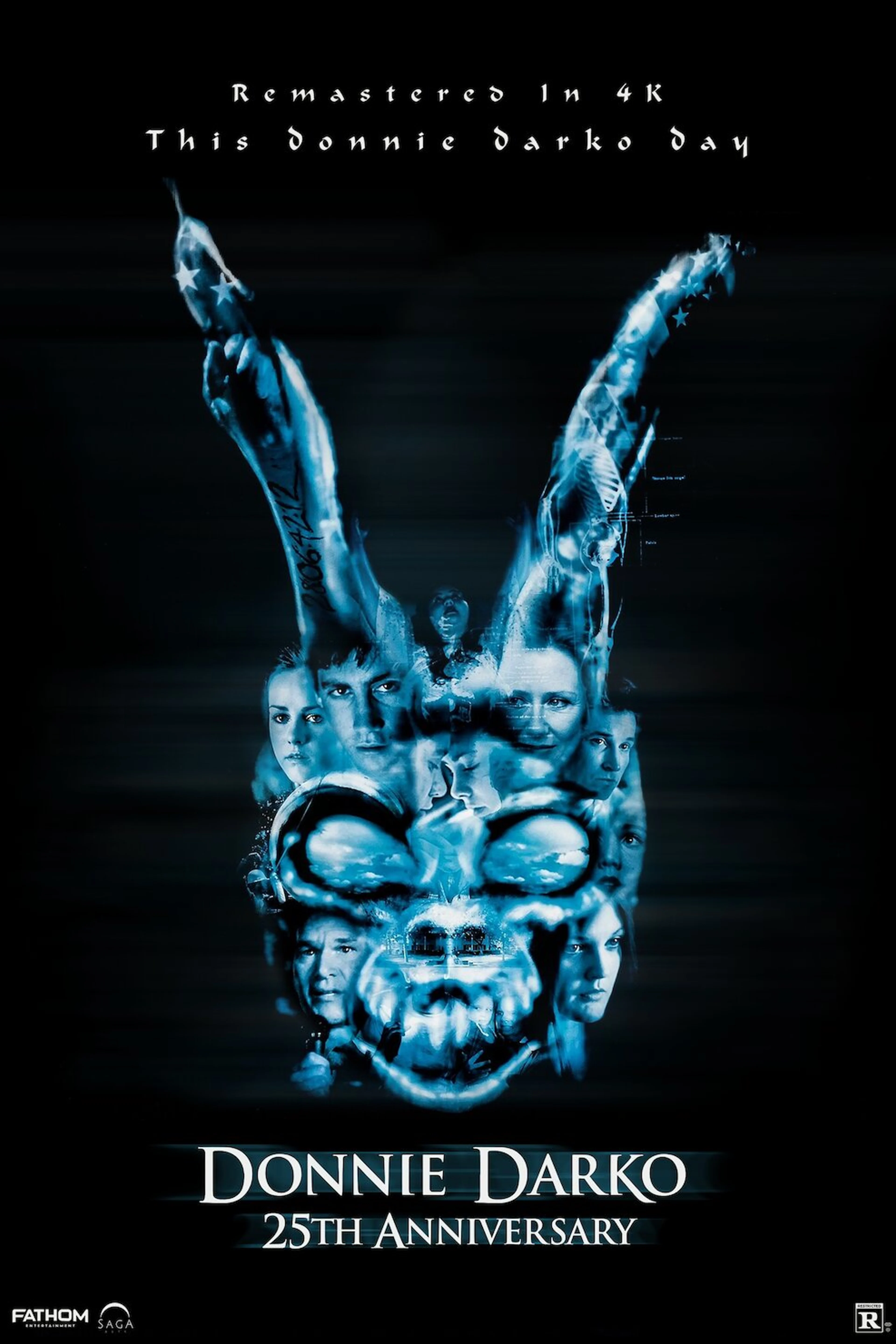 Official 25th-anniversary reissue poster for Donnie Darko (2001), with the rabbit mask and original cast.