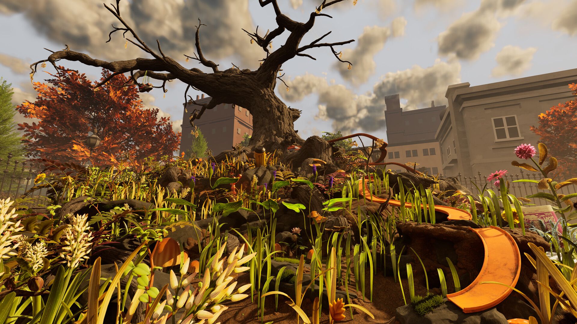 An overgrown park with a dead tree, flowers, buildings and an orange slide in Grounded 2.