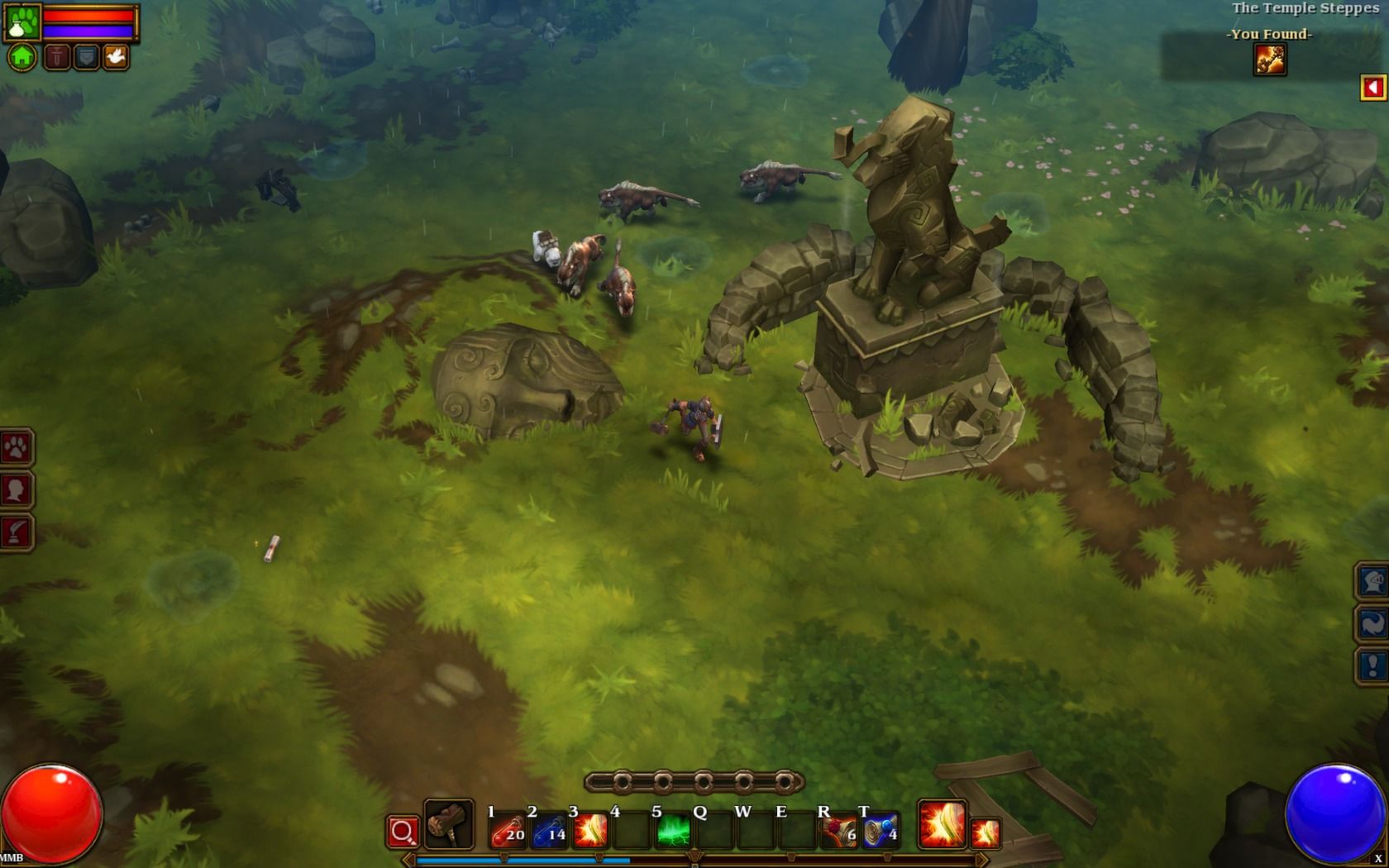A Torchlight II hero and feline pet stand near a large carved statue.
