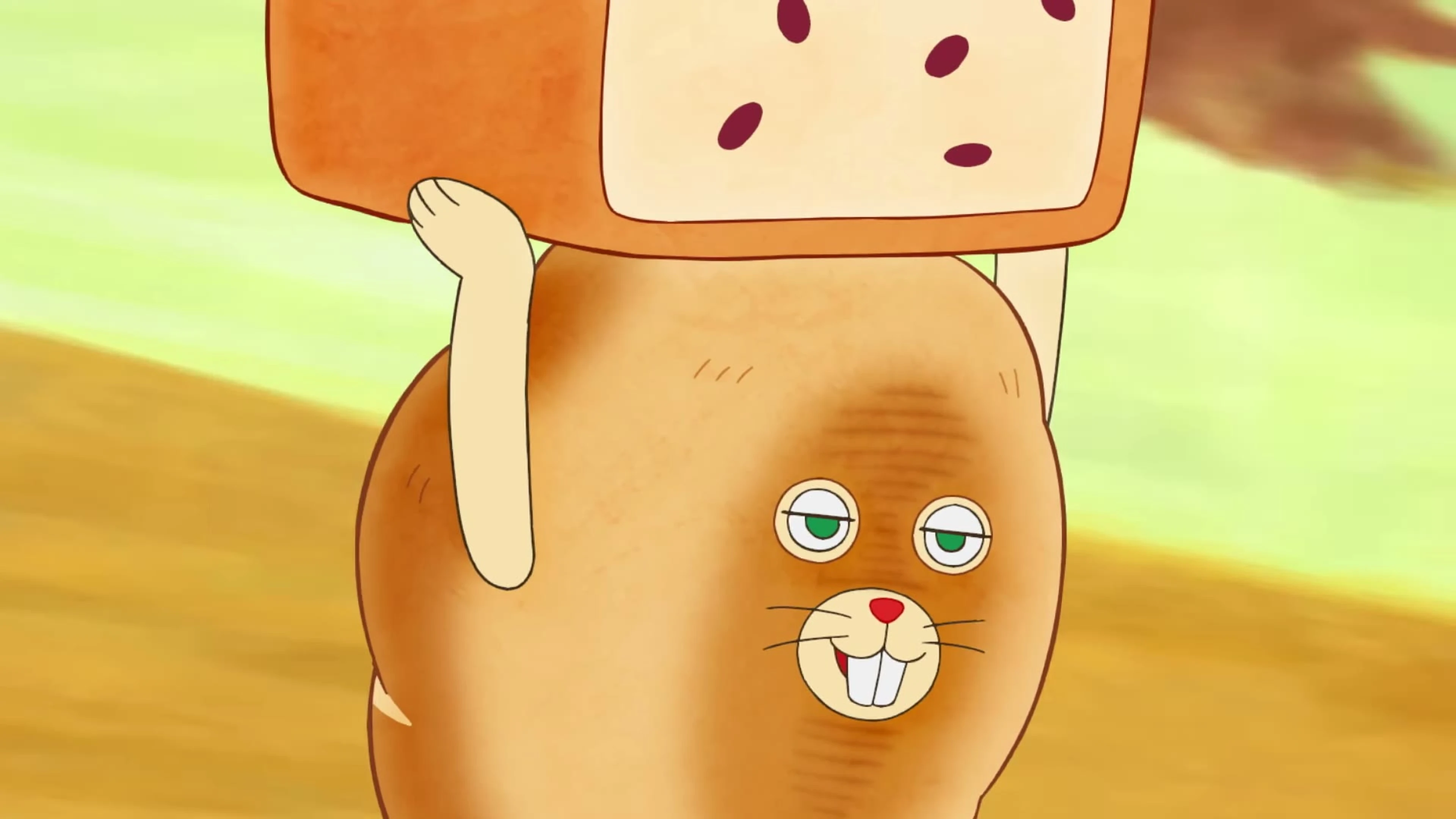 The Bread Thief holds up a giant loaf of bread in a bright anime scene.