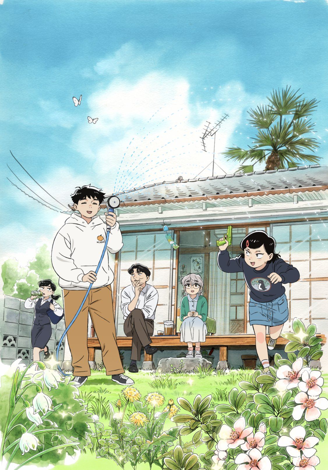 Textless Hirayasumi anime key visual shows Hiroto and Natsumi outside their home.