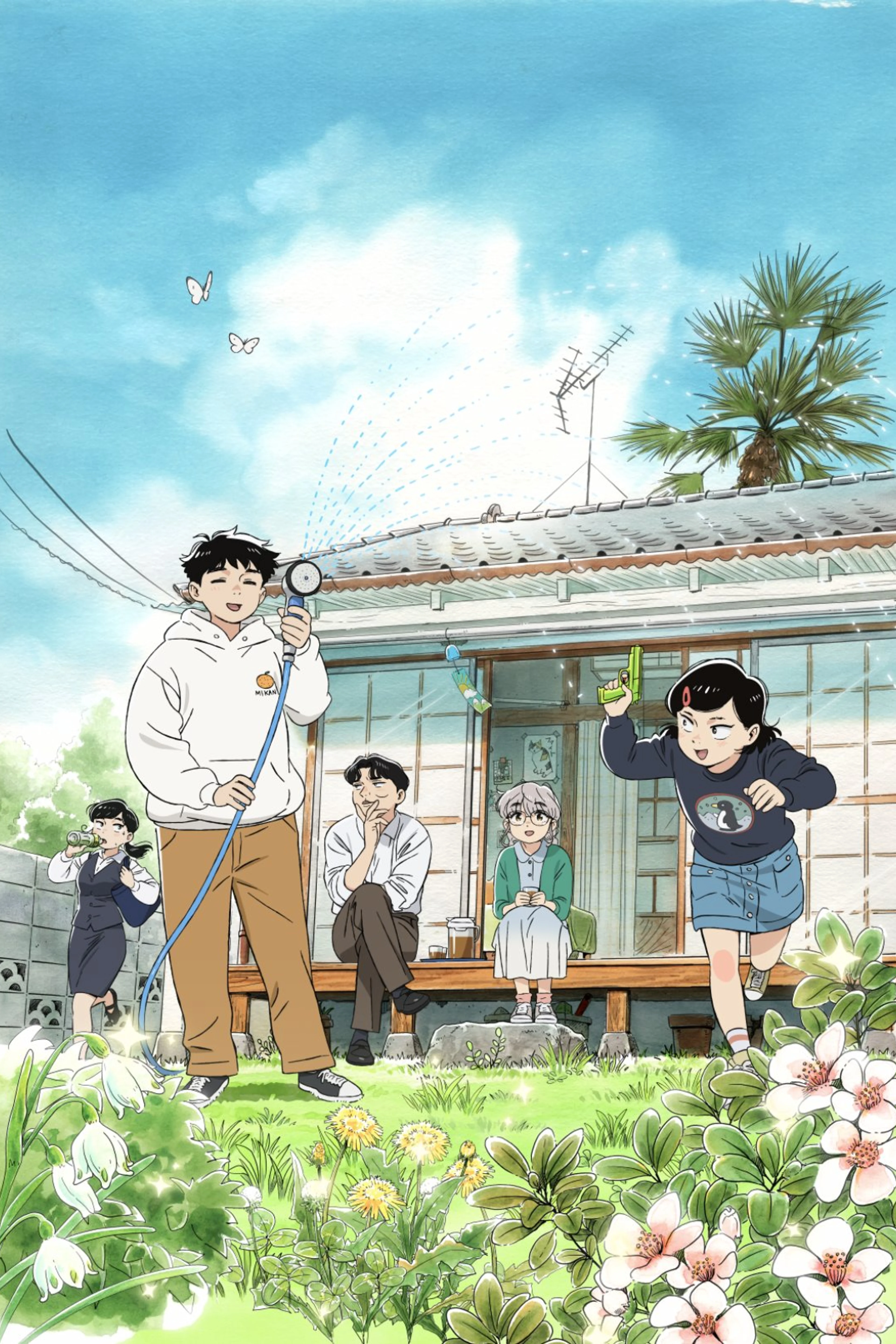 Textless Hirayasumi anime key visual shows Hiroto and Natsumi outside their home.
