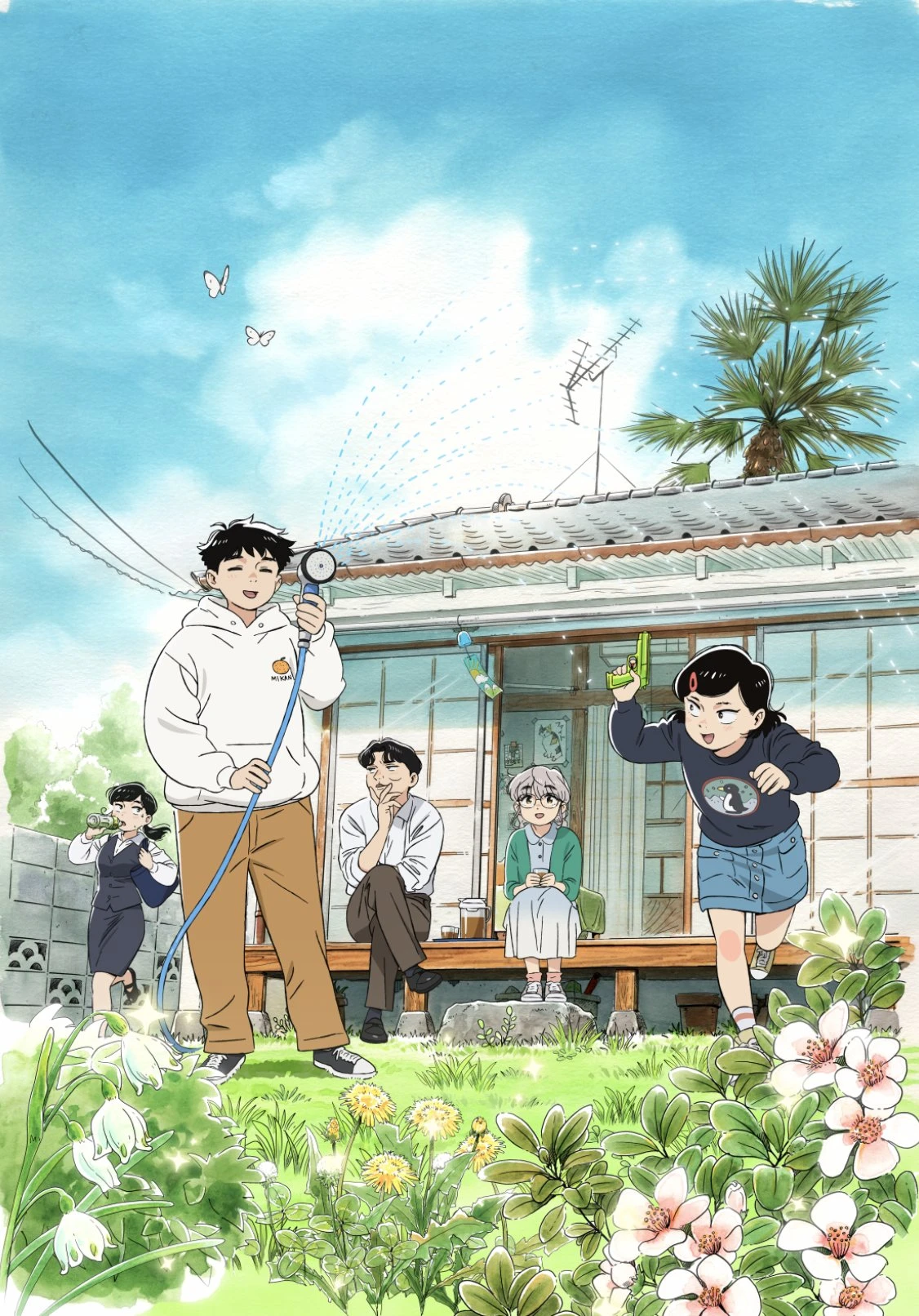 Textless Hirayasumi anime key visual shows Hiroto and Natsumi outside their home.