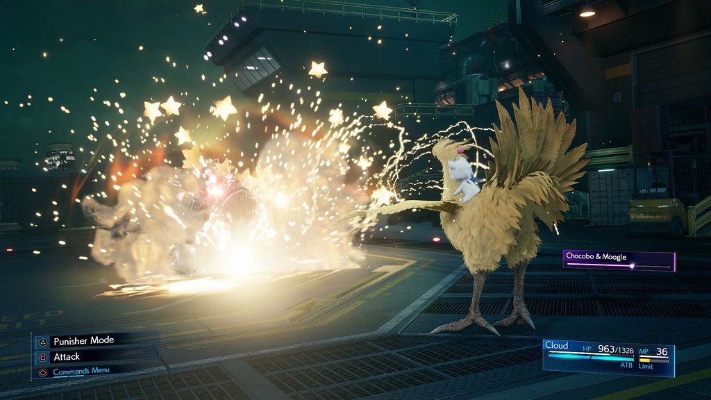 A bright explosion fills a Midgar battle against a large birdlike enemy.