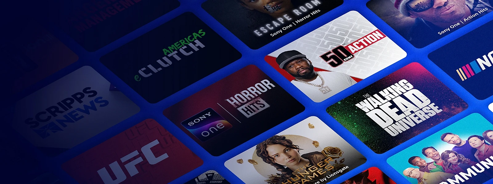 Live TV on PS5 channel tiles for movies, television, anime, sports, and creator programming on a blue interface.