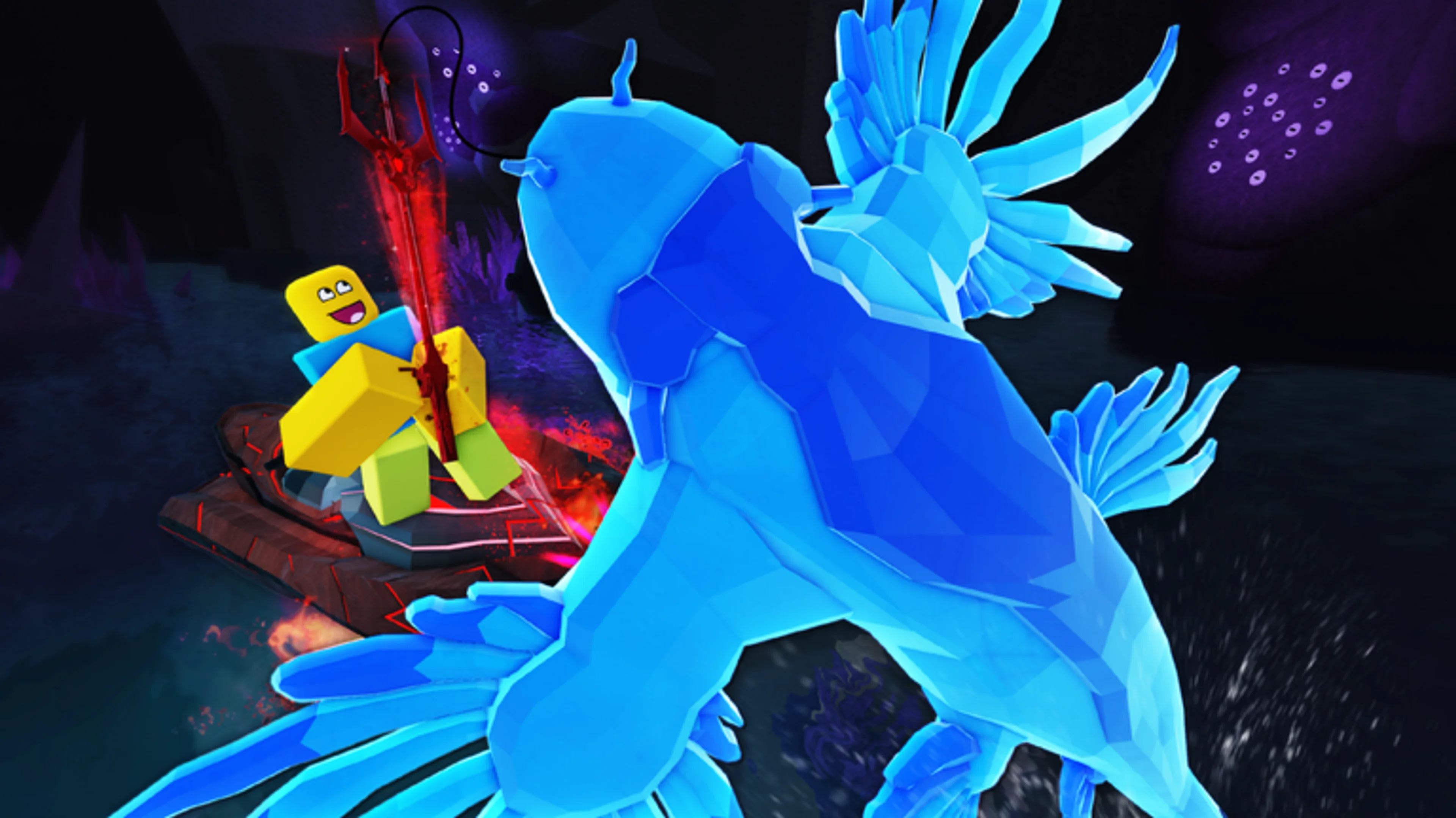 A Fisch player using a red glowing rod against a blue sea creature in The Deep
