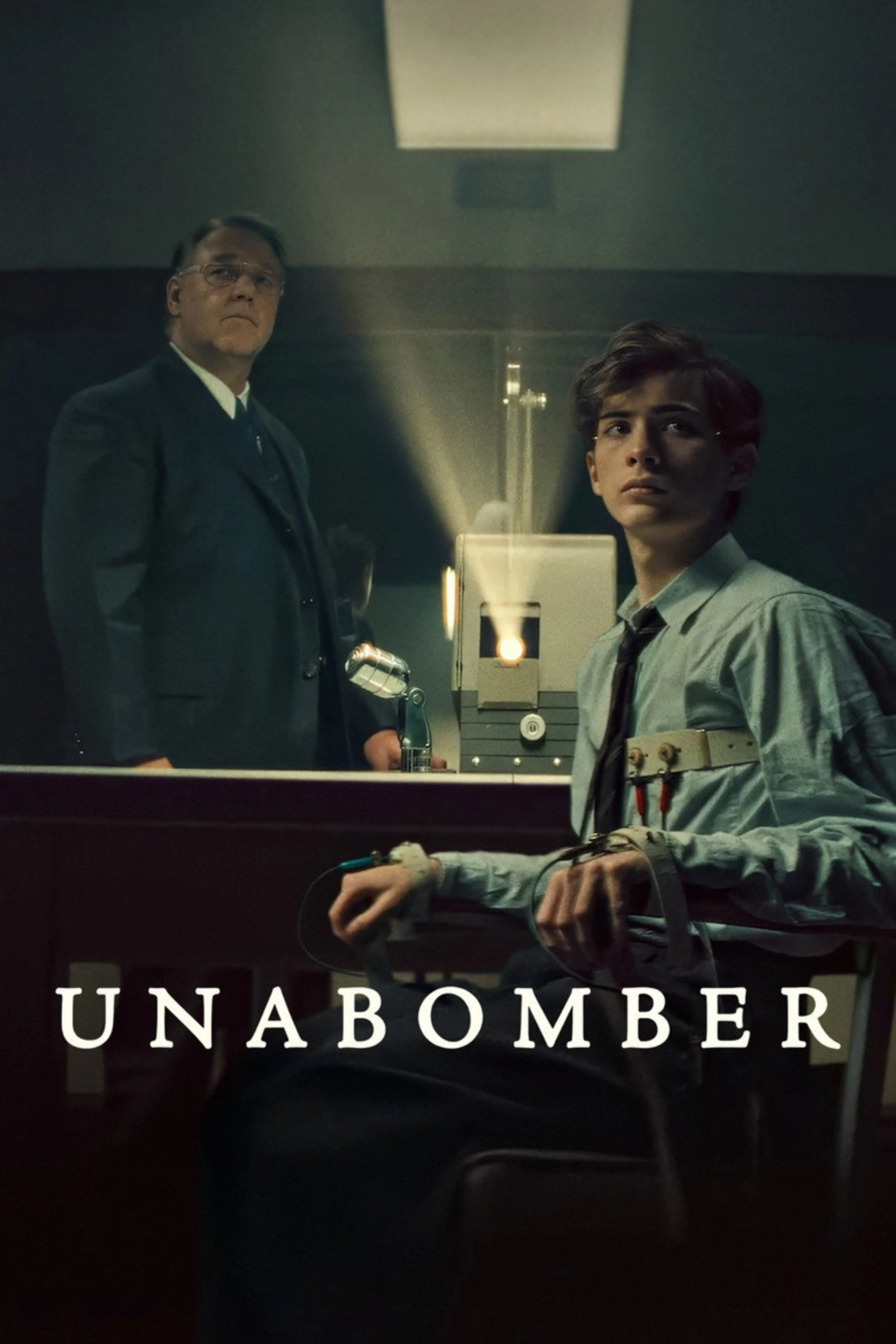 Official Unabomber poster featuring Jacob Tremblay and Russell Crowe beside recording equipment.